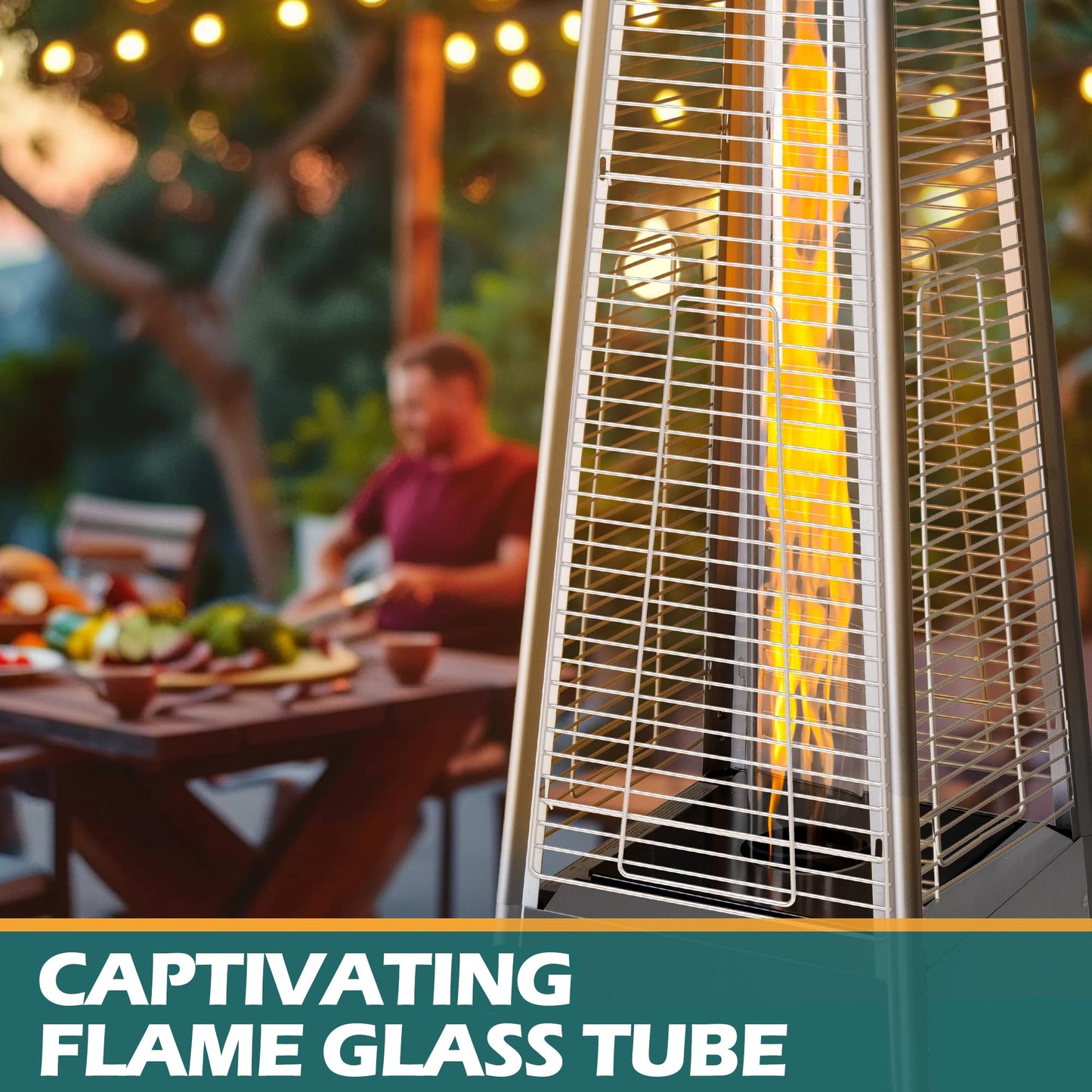 48,000 BTU Flame Pyramid Pool Heater With Cover, Triple Safety Protection Portable Patio Heater with Patio Cover, Warm Glass Tube with Durable Wheels-Black