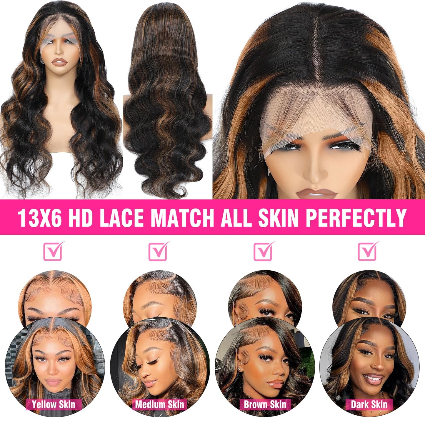 miear 360 Drawstring Lace Front Wigs Human Hair 4/27 Highlight Ombre Wig | 360 HD Full Lace Frontal Wig Body Wave Lace Front Wig Pre Plucked for Black Women 180% Density Honey Blonde Color 28inch