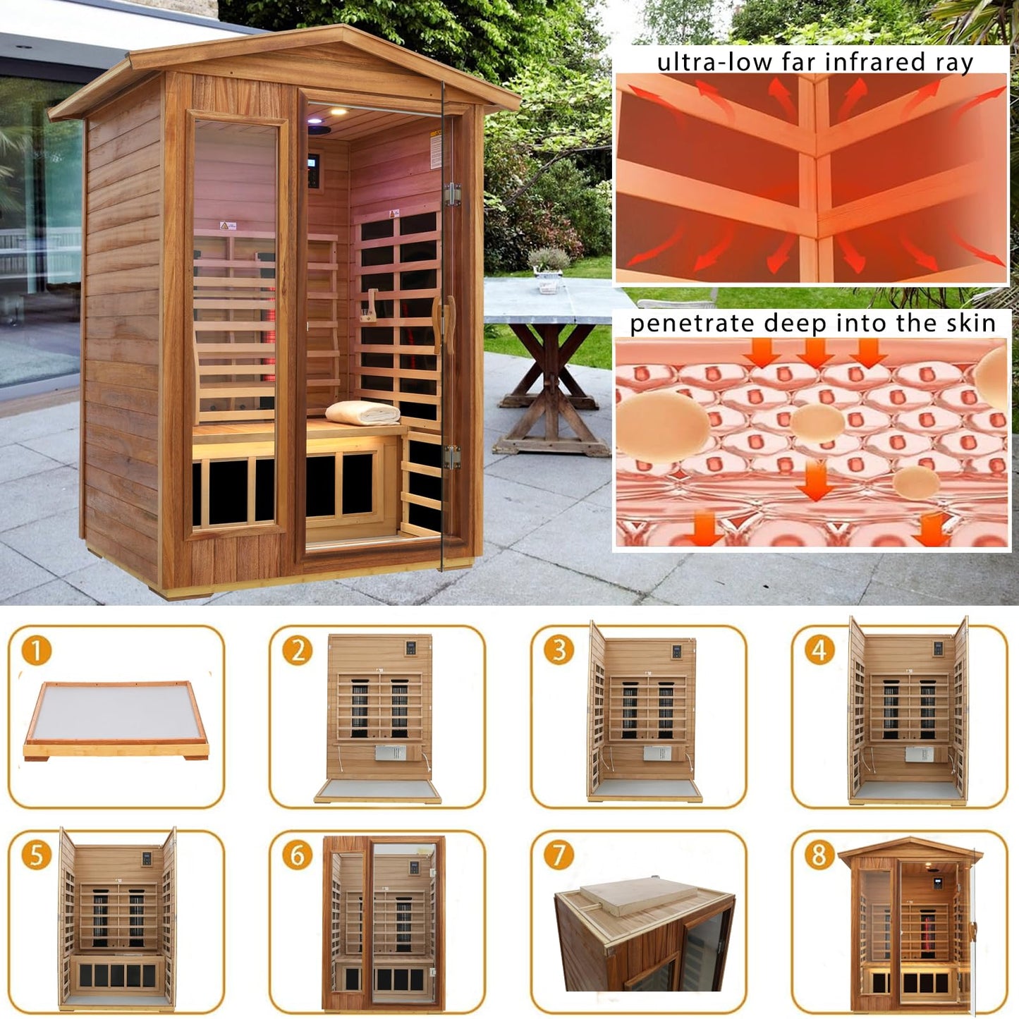 3 Person Infrared Sauna Ceramic Infrared Sauna w/Red Light Therapy | Far & Near Infrared Sauna Indoor, Low EMF Infrared Saunas for Home, Hemlock Deluxe Glass Home Sauna with Granite Backdrop