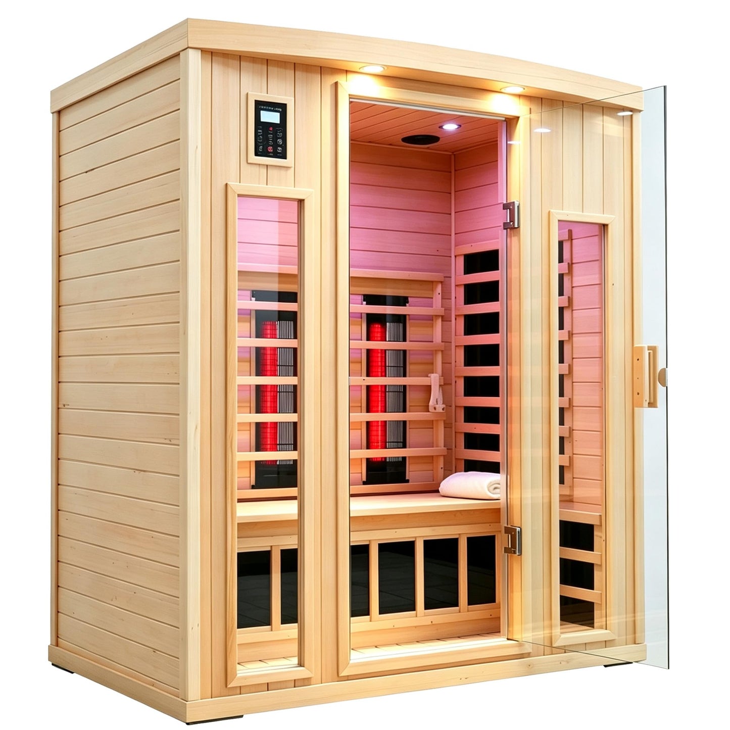 3 Person Infrared Sauna Ceramic Infrared Sauna w/Red Light Therapy | Far & Near Infrared Sauna Indoor, Low EMF Infrared Saunas for Home, Hemlock Deluxe Glass Home Sauna with Granite Backdrop