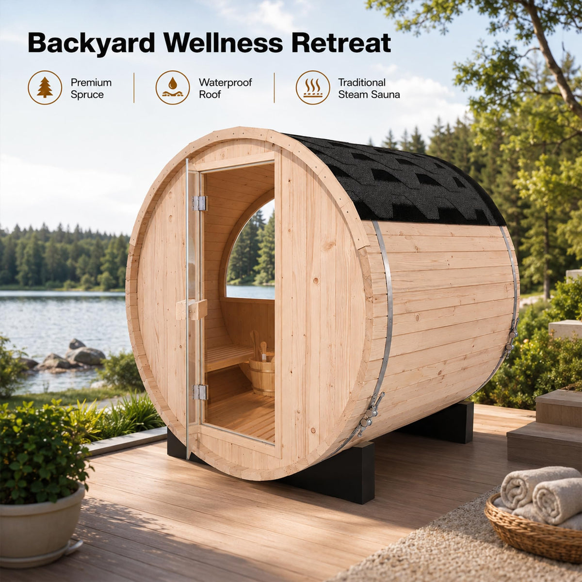 Panoramic Outdoor Sauna,Canadian Cedar 4-6 Person Steam Saunas