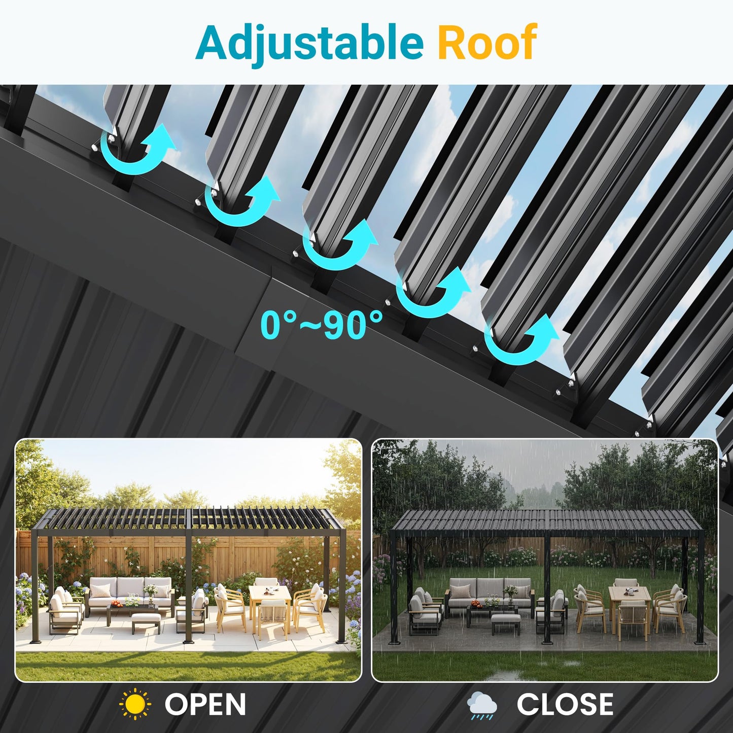 12' x 16' Pergola with Curtain & Adjustable Roof & Aluminum Frame for Patio | Louvered Pergola, Patio Pergola with Netting & Gutter System, Outdoor Pergola, Hardtop Gazebo for Deck, Yard, Dark Gray