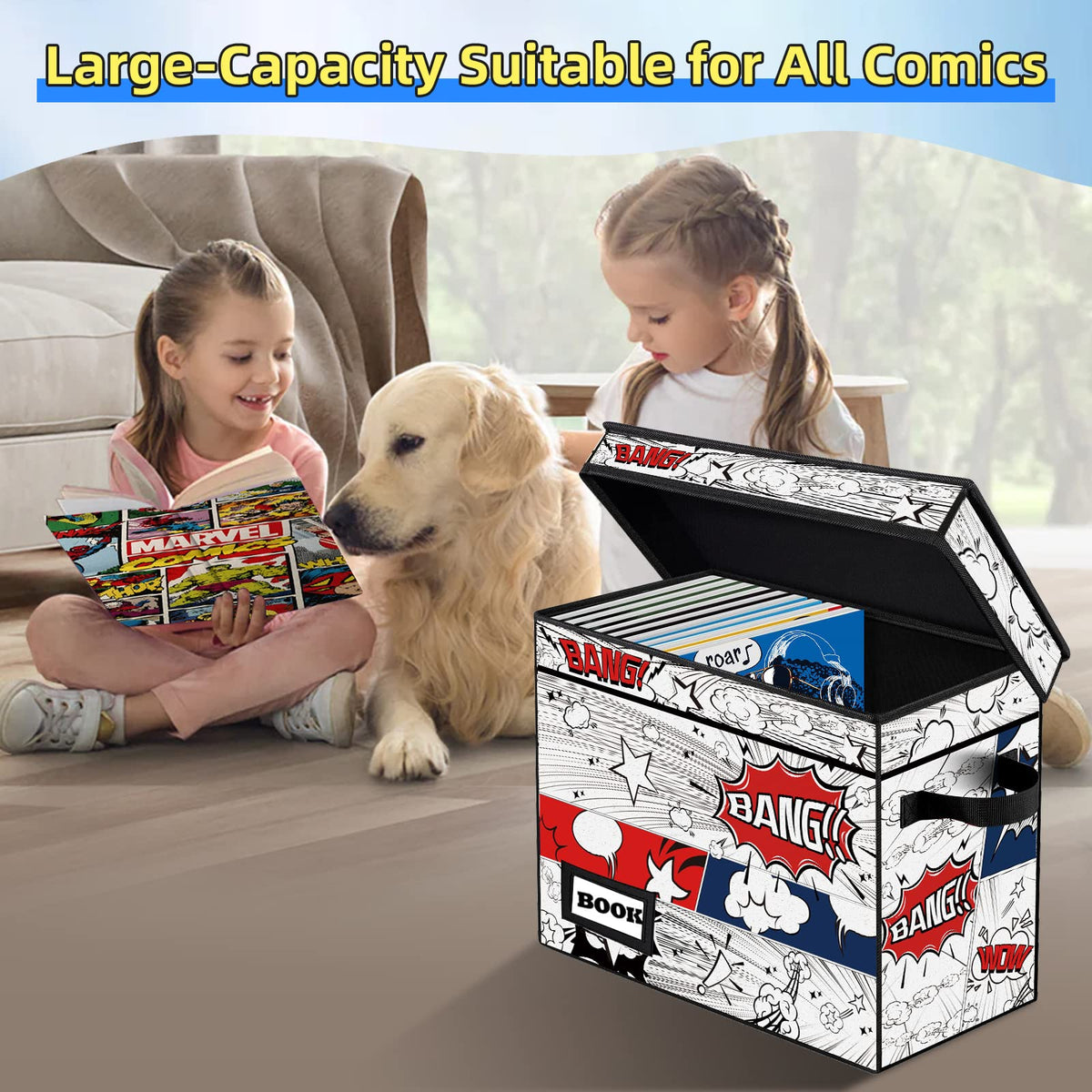 Comic Book Storage Box, 15.8" X 7.8" X 11.8", Heavy Duty Collapsible Holds 160-180 Comic Book Bin Container Holder Shelf (Cartoon Bombs)