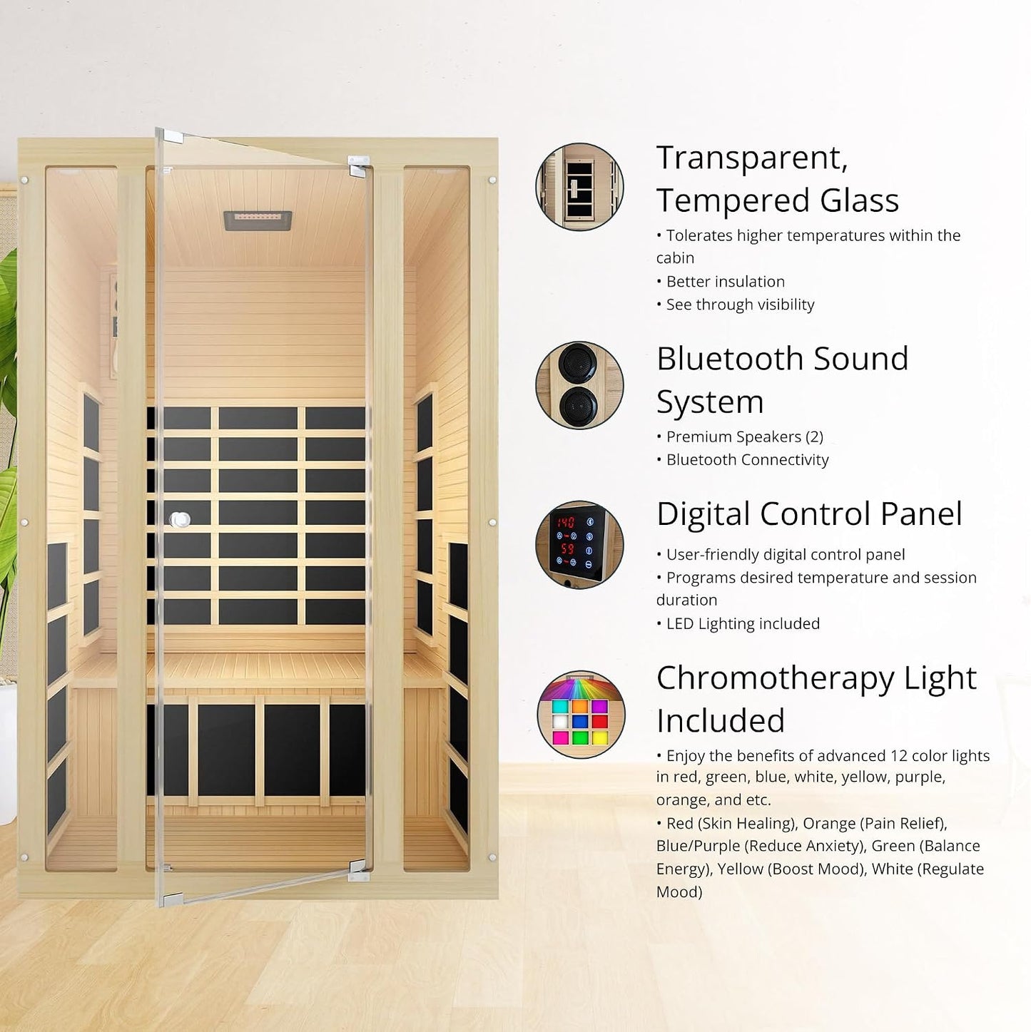 Joyous+ 170°F 2-Person Home Infrared Sauna with Color & Red Light Therapy, Low EMF - Indoor Personal Luxury Spa for House and Gym