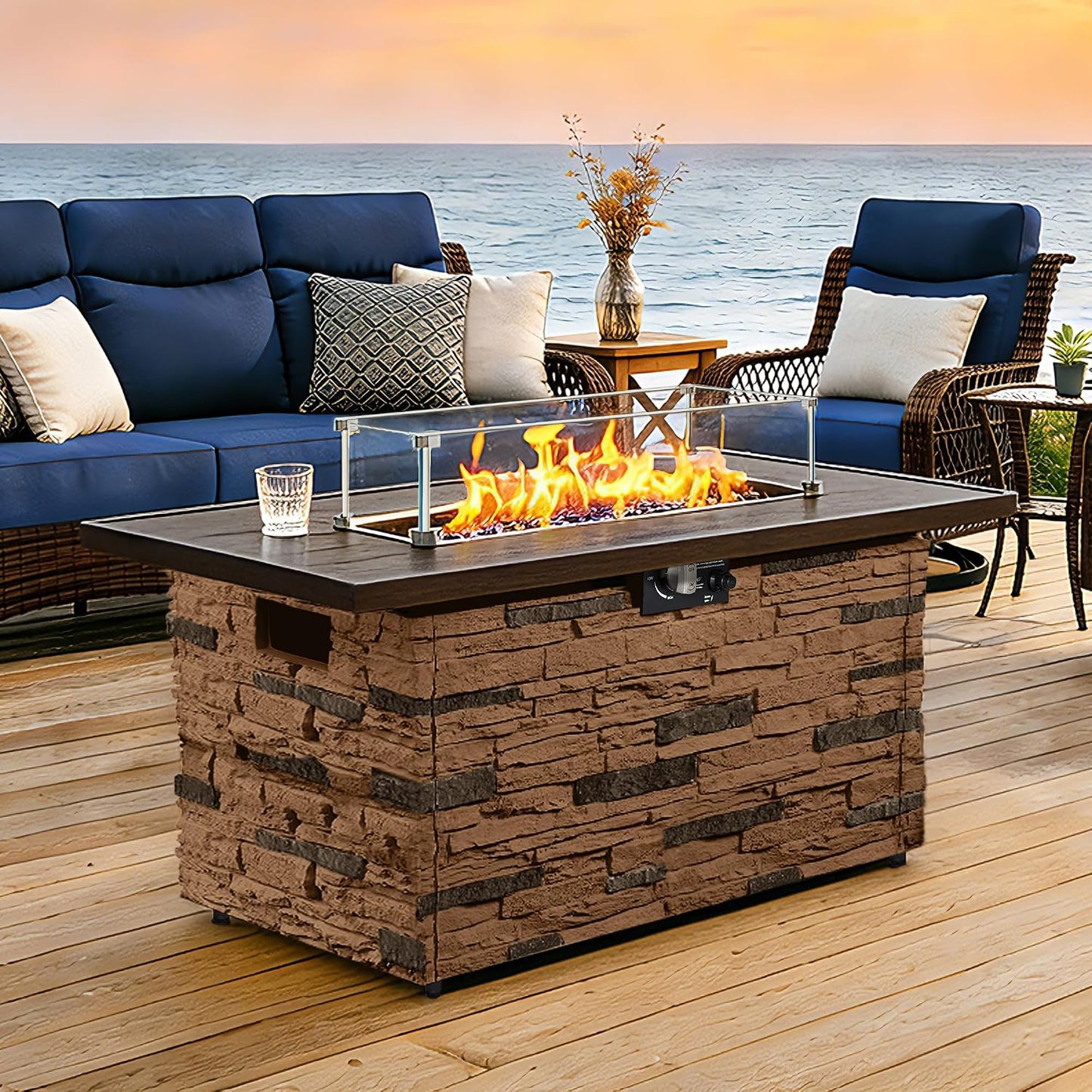 43 Inch Outdoor Firepit Table 50,000 BTU Propane Gas Fire Pit | Rectangle Stone Fire Table with Glass Wind Guard, Rain Cover, Fire Stones and Removable Lid, CSA Certified (Brown)