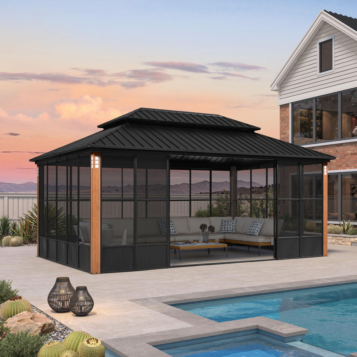 PURPLE LEAF Sunroom 12' x 14' Solarium Double Roof Gazebo, Sliding Doors