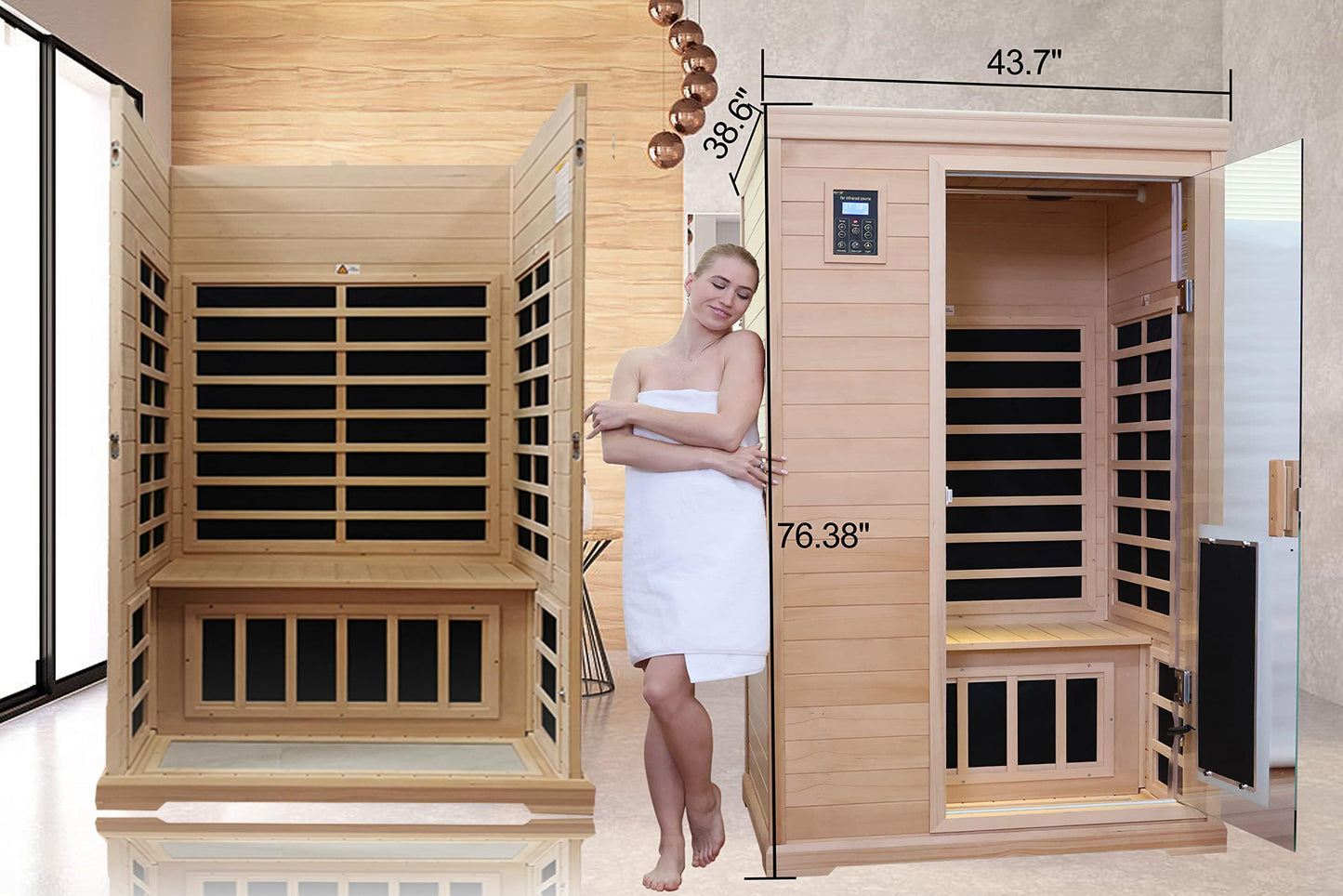 3 Person Infrared Sauna Ceramic Infrared Sauna w/Red Light Therapy | Far & Near Infrared Sauna Indoor, Low EMF Infrared Saunas for Home, Hemlock Deluxe Glass Home Sauna with Granite Backdrop