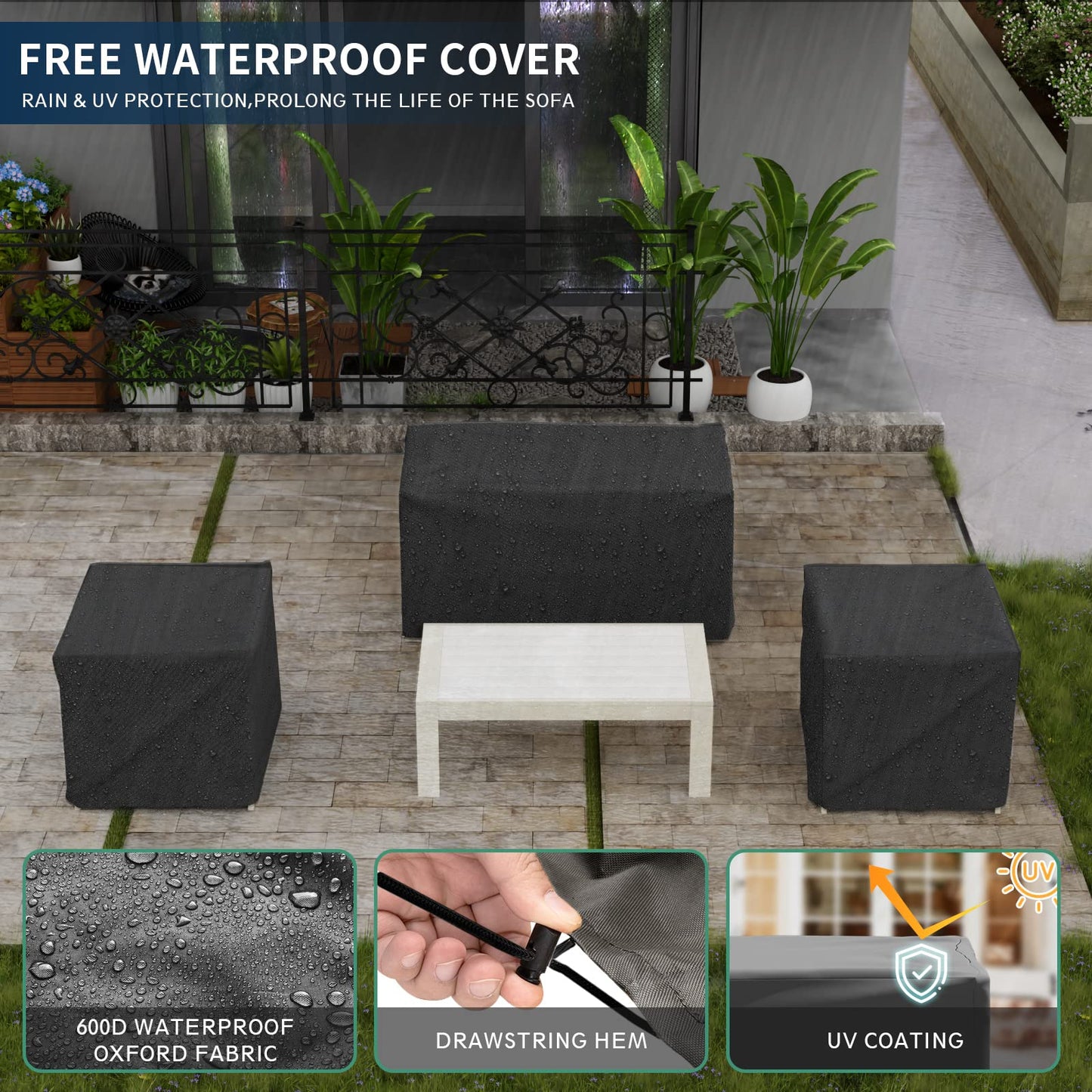 Amopatio Aluminum Patio Furniture Set, 6 Pieces Modern Outdoor Furniture | Outdoor Sectional with Coffee Table, Included Waterproof Covers, for Balcony, Garden, White&Blue