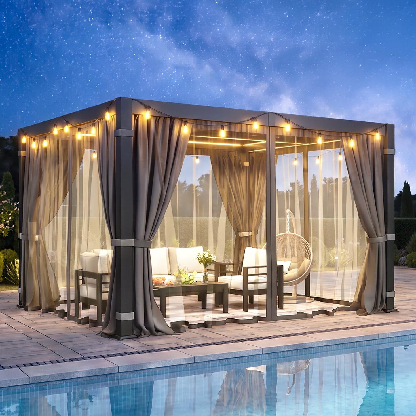 12' x 16' Pergola with Curtain & Adjustable Roof & Aluminum Frame for Patio | Louvered Pergola, Patio Pergola with Netting & Gutter System, Outdoor Pergola, Hardtop Gazebo for Deck, Yard, Dark Gray