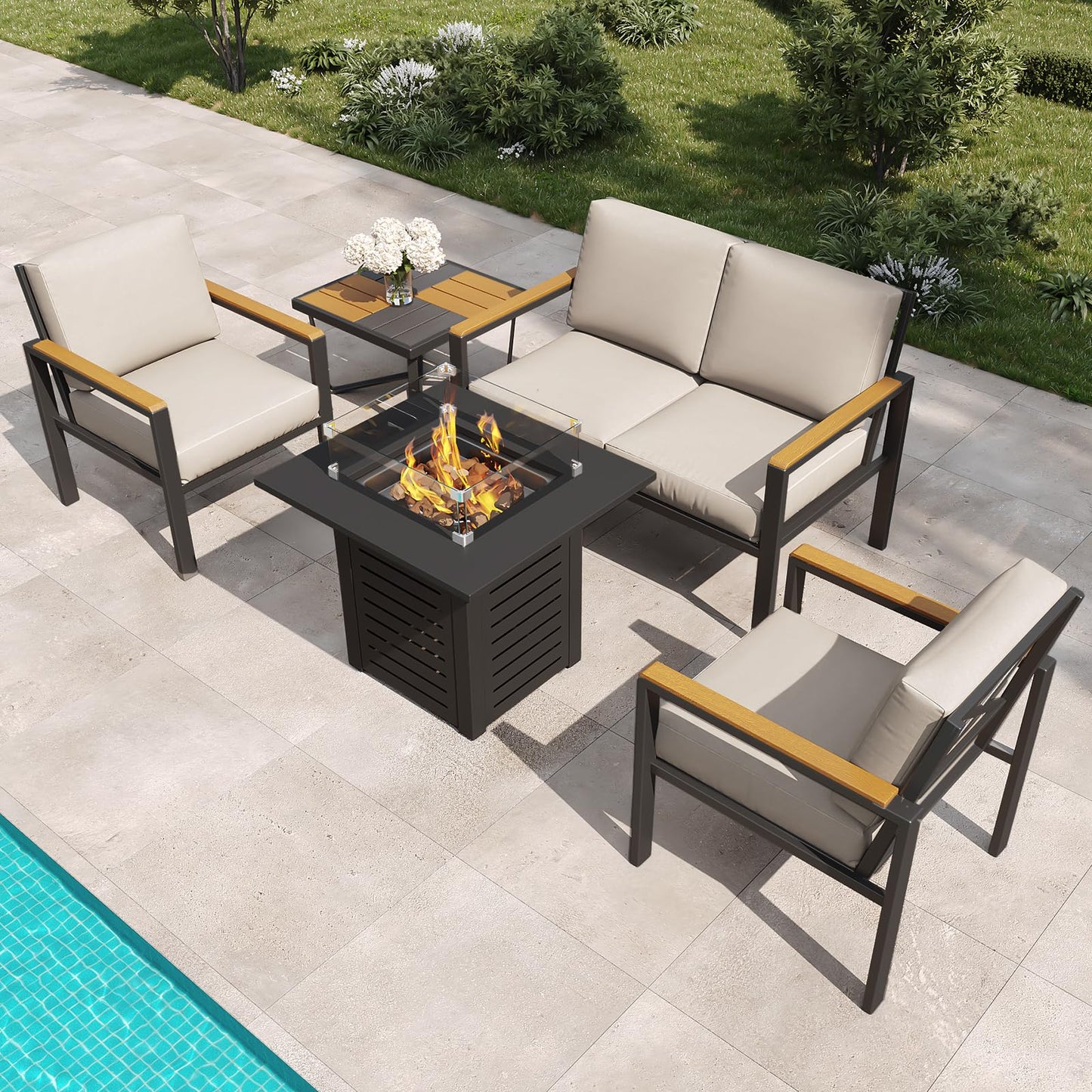 5-Piece Patio Furniture Set with 28” Propane Fire Pit Table, Heavy-Duty Metal Outdoor Conversation Set with Deep Cushions & Wood-Like Armrests for Patio, Porch, Backyard, Garden – Grey