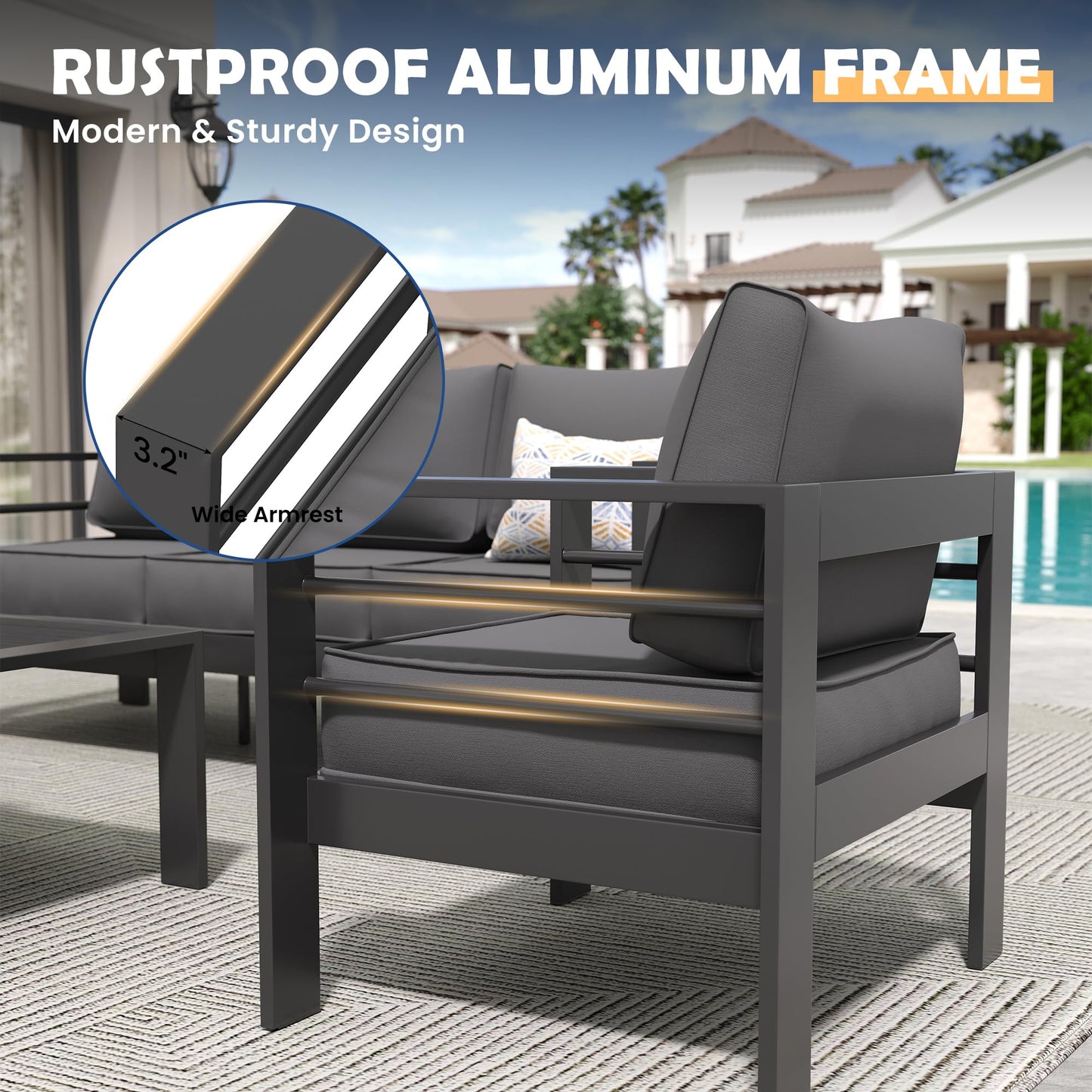 Amopatio Aluminum Patio Furniture Set, 6 Pieces Modern Outdoor Furniture | Outdoor Sectional with Coffee Table, Included Waterproof Covers, for Balcony, Garden, White&Blue