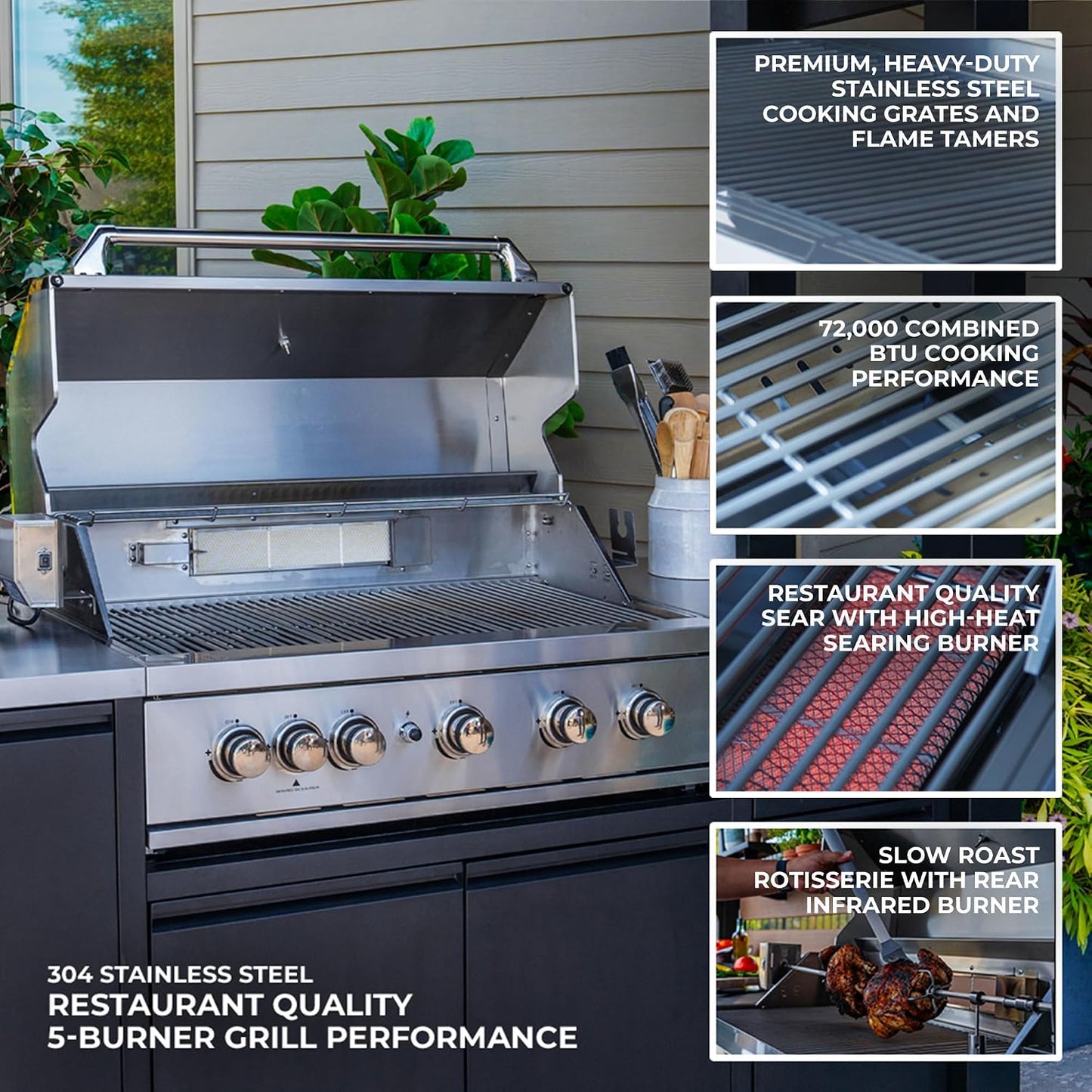 Backyard Discovery Fusion Flame Galvanized Steel Covered Outdoor Kitchen with 5-Burner Stainless, Grill, Refrigerator, Countertop, Storage, and, Roof for All-Season Outdoor Cooking, electric