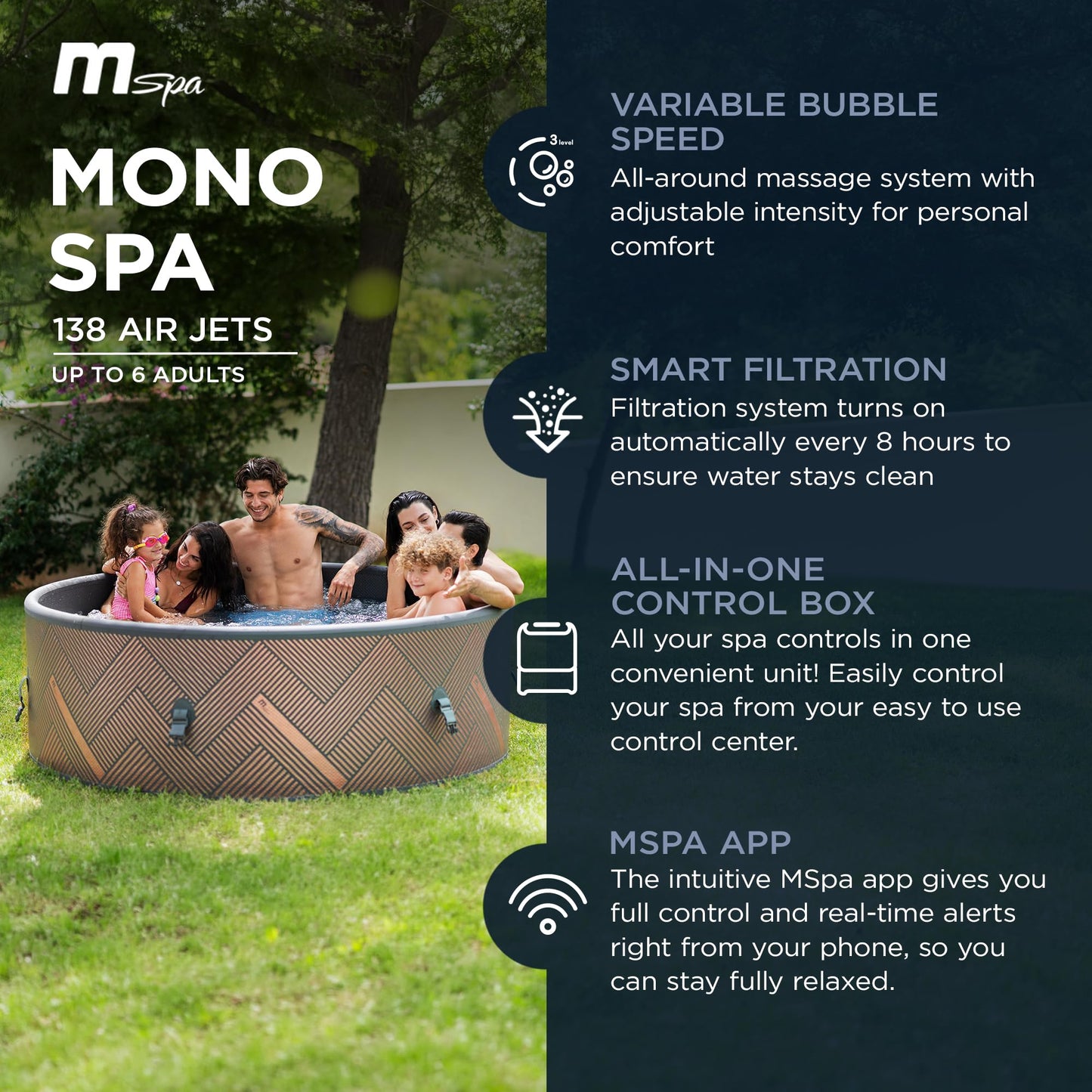 MSpa 6-Person Inflatable Hot Tub, Round Bubble Massage Spa, Champagne Gold | 138 Air Jets, Heats to 104F, 2200W PTC Heater, Drop-Stitch Walls, WiFi App Control, Auto-Filtration, All-in-One Control Box