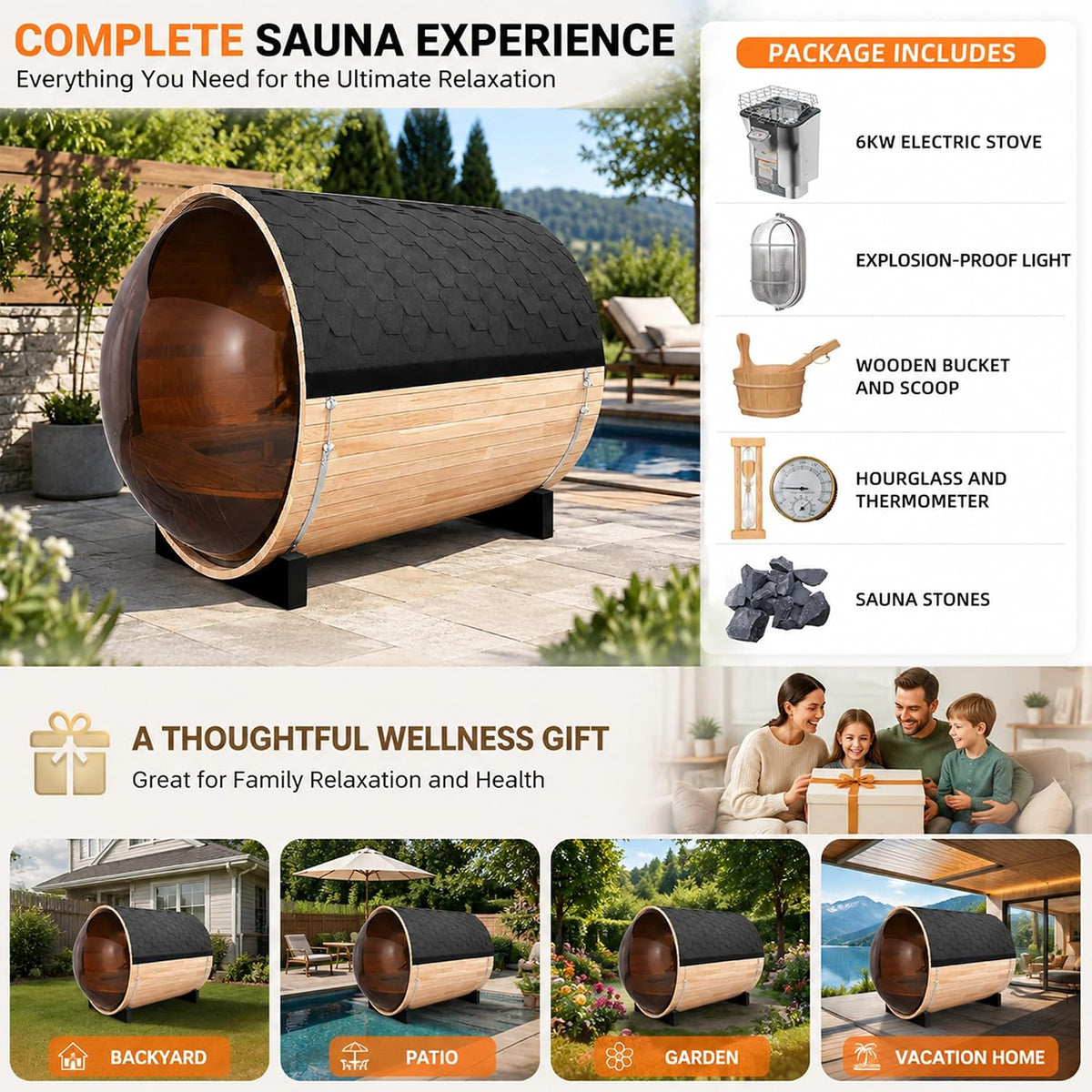 Panoramic Outdoor Sauna,Canadian Cedar 4-6 Person Steam Saunas