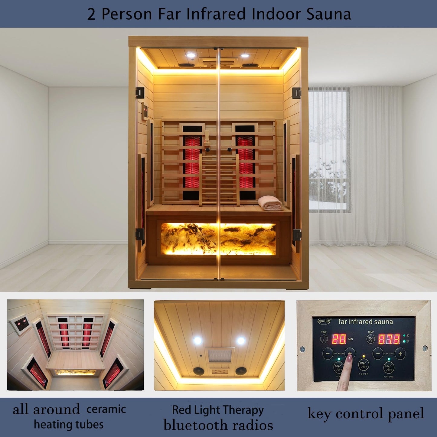 3 Person Infrared Sauna Ceramic Infrared Sauna w/Red Light Therapy | Far & Near Infrared Sauna Indoor, Low EMF Infrared Saunas for Home, Hemlock Deluxe Glass Home Sauna with Granite Backdrop
