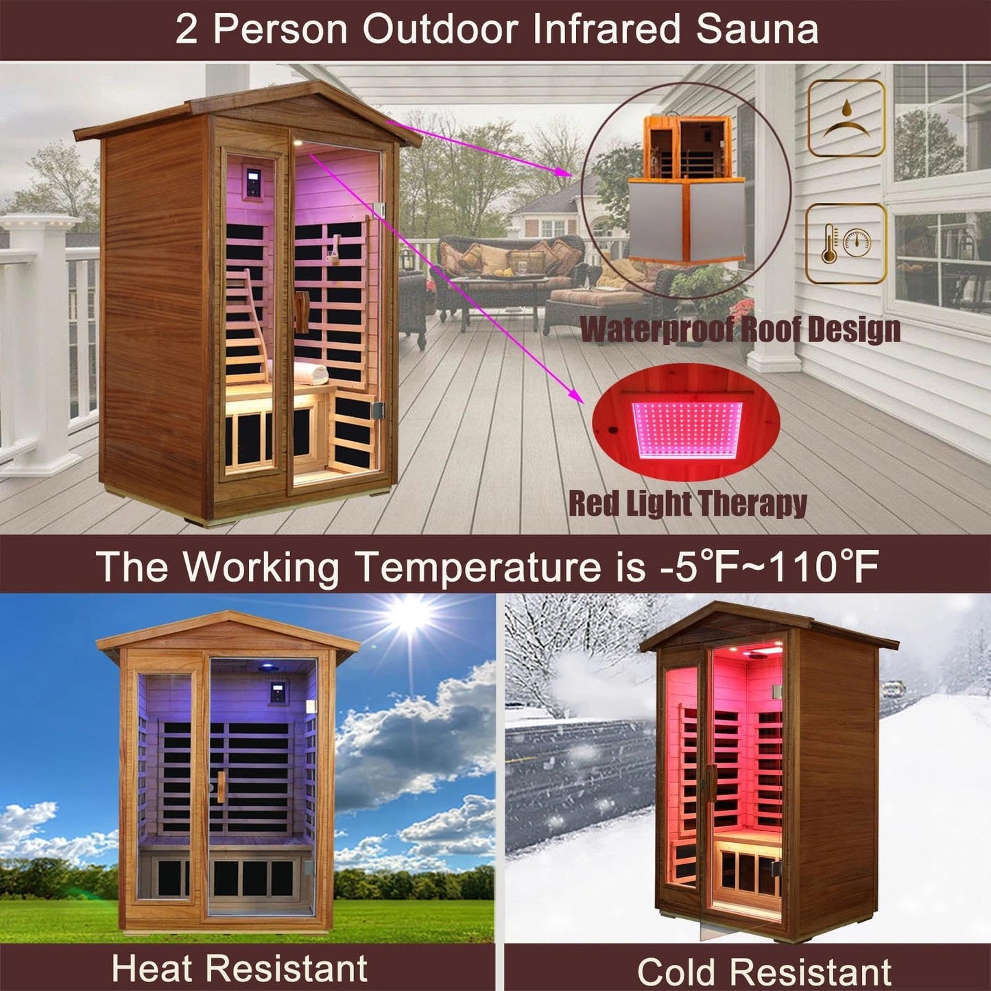 3 Person Infrared Sauna Ceramic Infrared Sauna w/Red Light Therapy | Far & Near Infrared Sauna Indoor, Low EMF Infrared Saunas for Home, Hemlock Deluxe Glass Home Sauna with Granite Backdrop