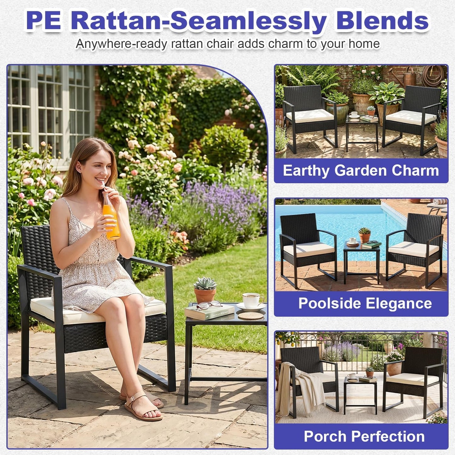 FDW 4-Piece Patio Furniture Set | Black | Outdoor Wicker Furniture | with Coffee Table | Modern Rattan Chairs Conversation Set | Outdoor Seating | Weather-Resistant | for Porch, Garden, Lawn