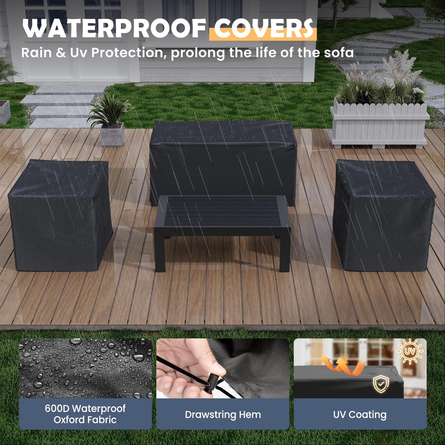 Amopatio Aluminum Patio Furniture Set, 6 Pieces Modern Outdoor Furniture | Outdoor Sectional with Coffee Table, Included Waterproof Covers, for Balcony, Garden, White&Blue