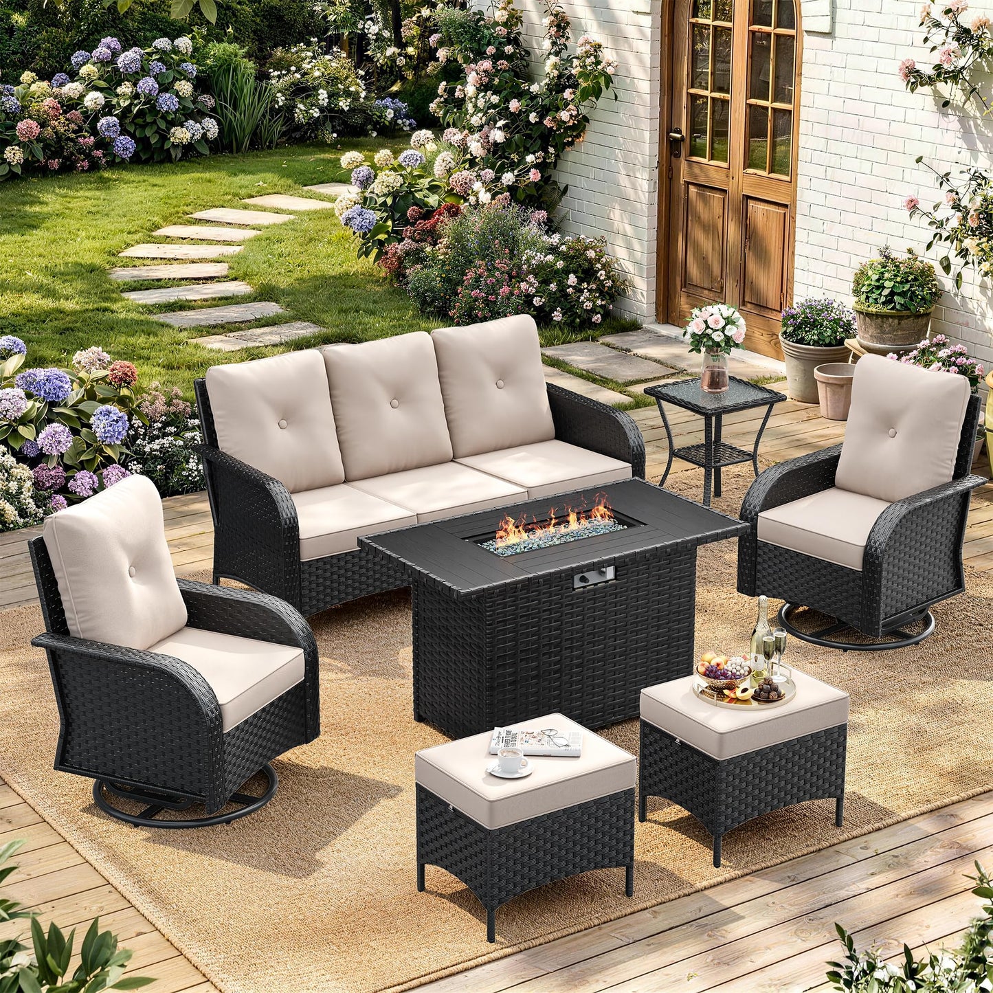 6 Pieces Outdoor Patio Furniture Set, Wicker Swivel Rocker Chairs Sets | Luxury Weather-Resistant High Back Outdoor Sectional Set for Large Deck Yard Poolside Brown Rattan Blue Cushions