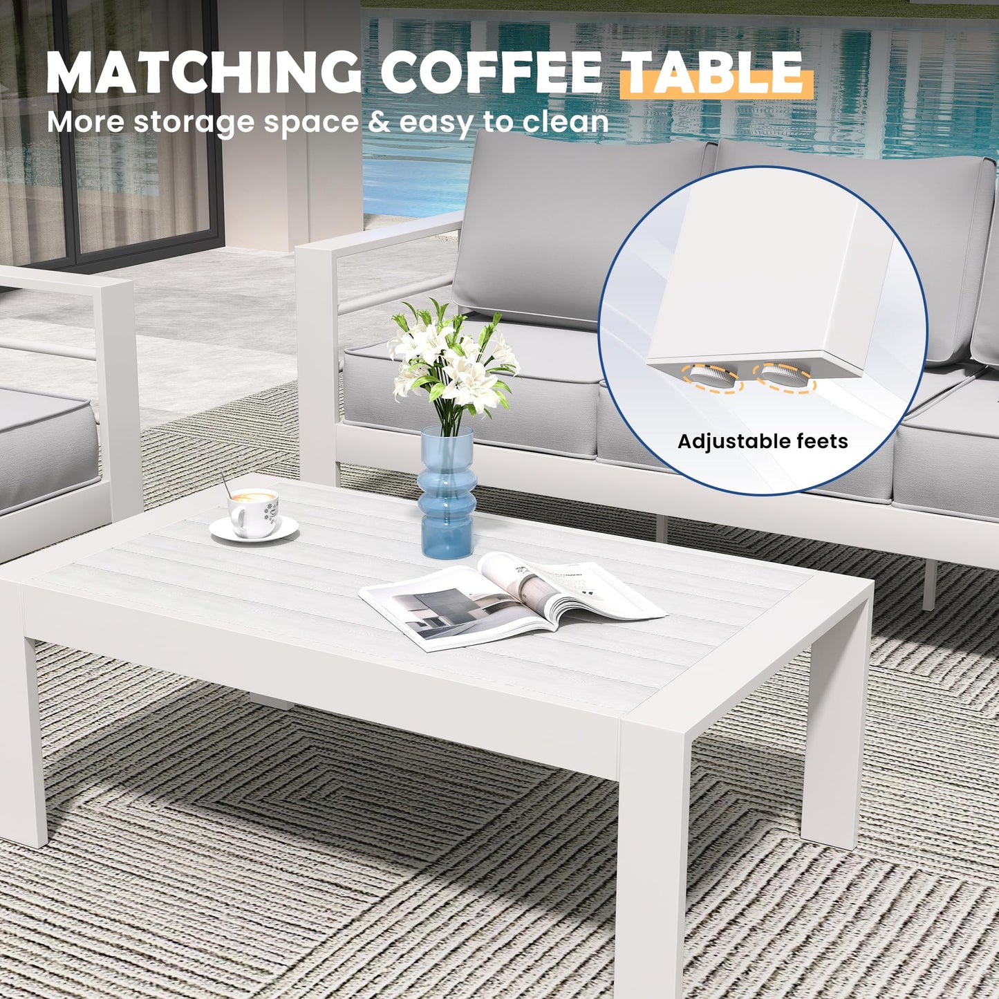 Amopatio Aluminum Patio Furniture Set, 6 Pieces Modern Outdoor Furniture | Outdoor Sectional with Coffee Table, Included Waterproof Covers, for Balcony, Garden, White&Blue