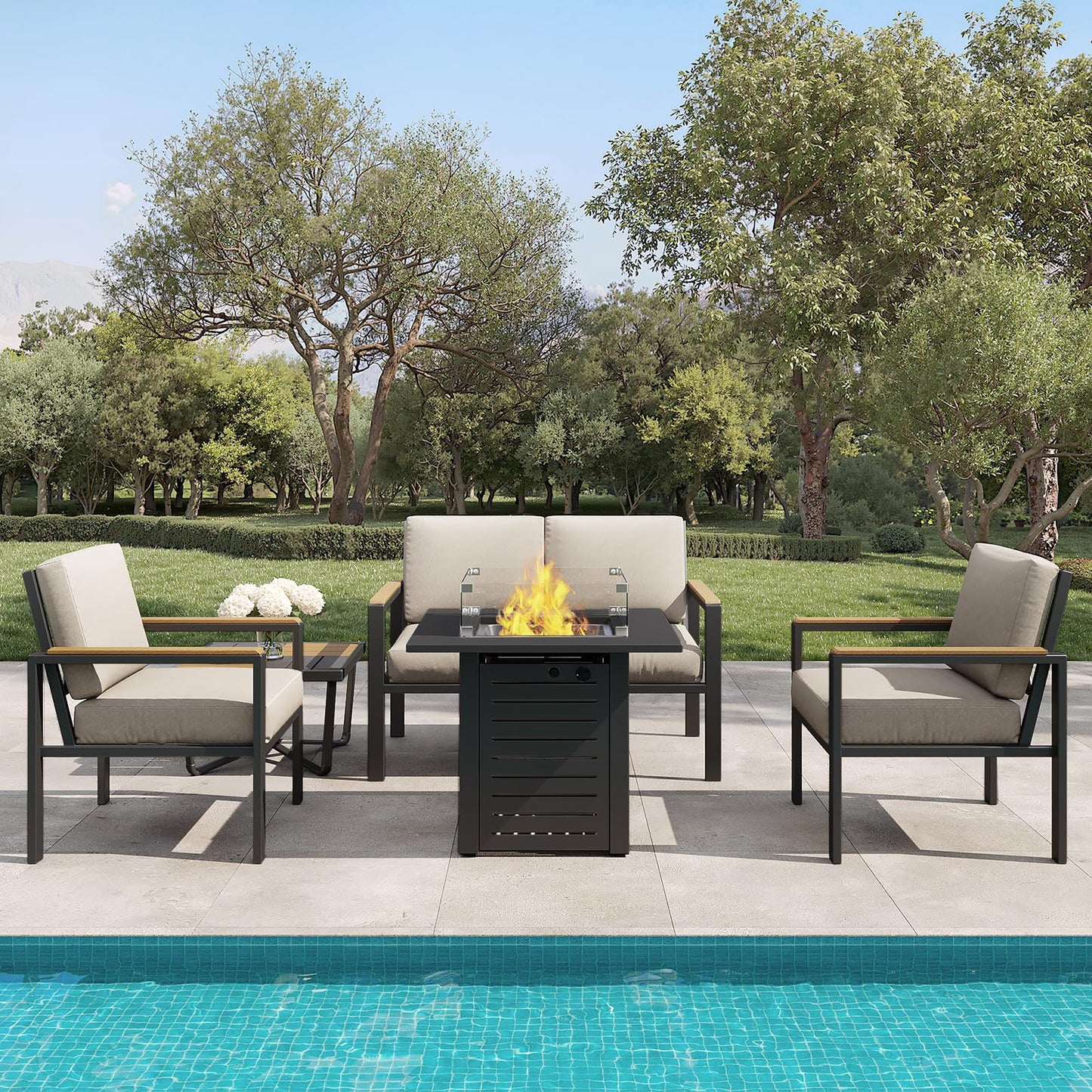 5-Piece Patio Furniture Set with 28” Propane Fire Pit Table, Heavy-Duty Metal Outdoor Conversation Set with Deep Cushions & Wood-Like Armrests for Patio, Porch, Backyard, Garden – Grey