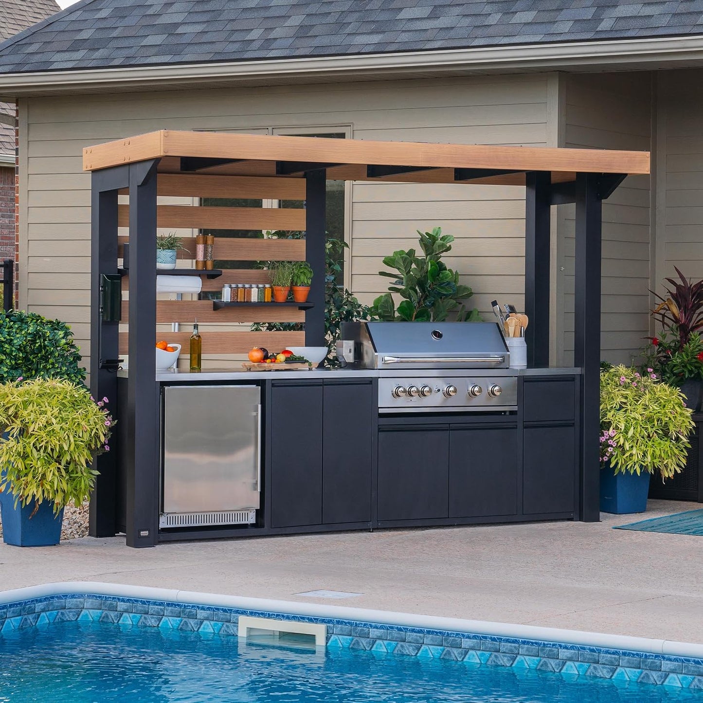 Backyard Discovery Fusion Flame Galvanized Steel Covered Outdoor Kitchen with 5-Burner Stainless, Grill, Refrigerator, Countertop, Storage, and, Roof for All-Season Outdoor Cooking, electric