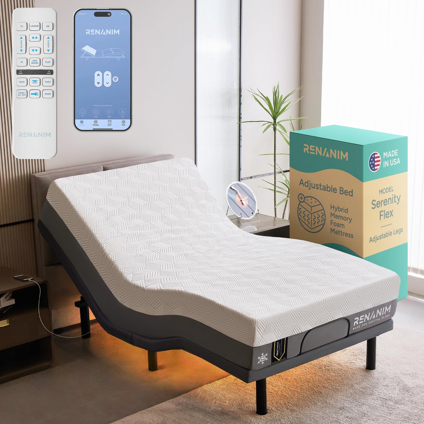 SF Full Size Adjustable Bed Frame with Mattress - 12" Hybrid Memory Foam - Electric Massage - Wireless Remote for Head & Foot Incline - Zero Gravity - Underbed Night Lights & 4 USB Ports