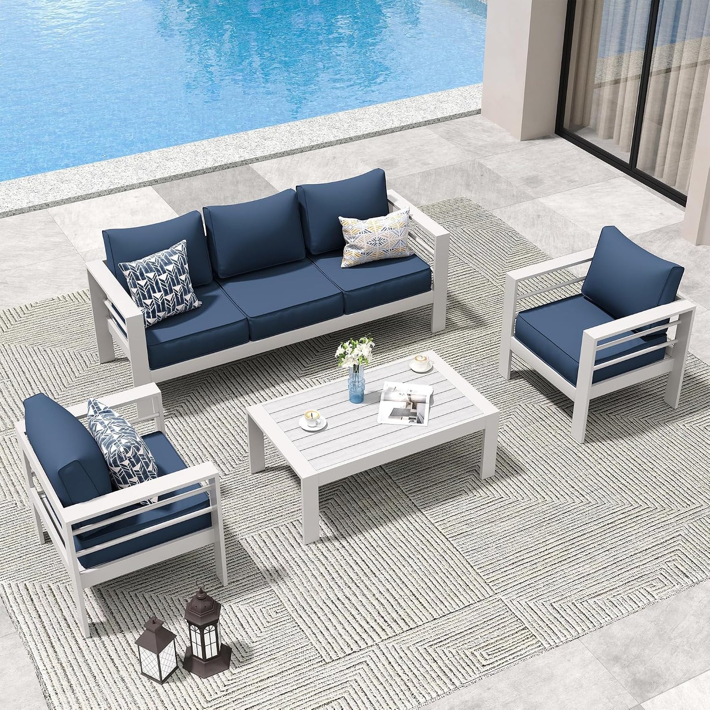 Amopatio Aluminum Patio Furniture Set, 6 Pieces Modern Outdoor Furniture | Outdoor Sectional with Coffee Table, Included Waterproof Covers, for Balcony, Garden, White&Blue