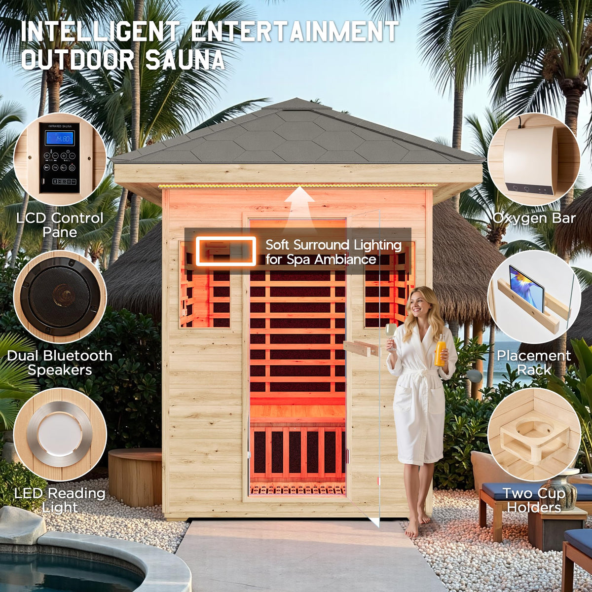Albott 4 Person Infrared Sauna with 7-Color Light Therapy, Low EMF 2145W