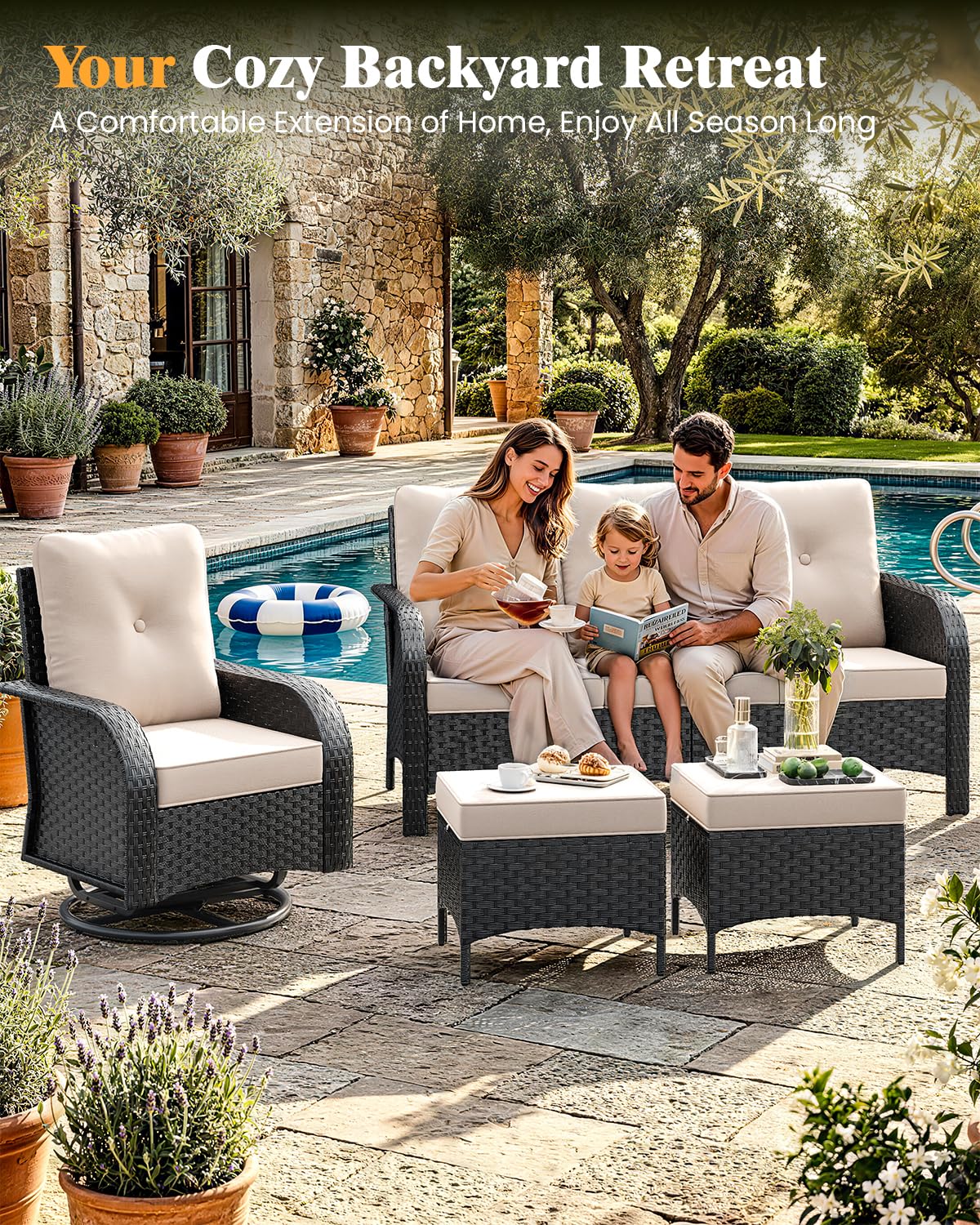 6 Pieces Outdoor Patio Furniture Set, Wicker Swivel Rocker Chairs Sets | Luxury Weather-Resistant High Back Outdoor Sectional Set for Large Deck Yard Poolside Brown Rattan Blue Cushions