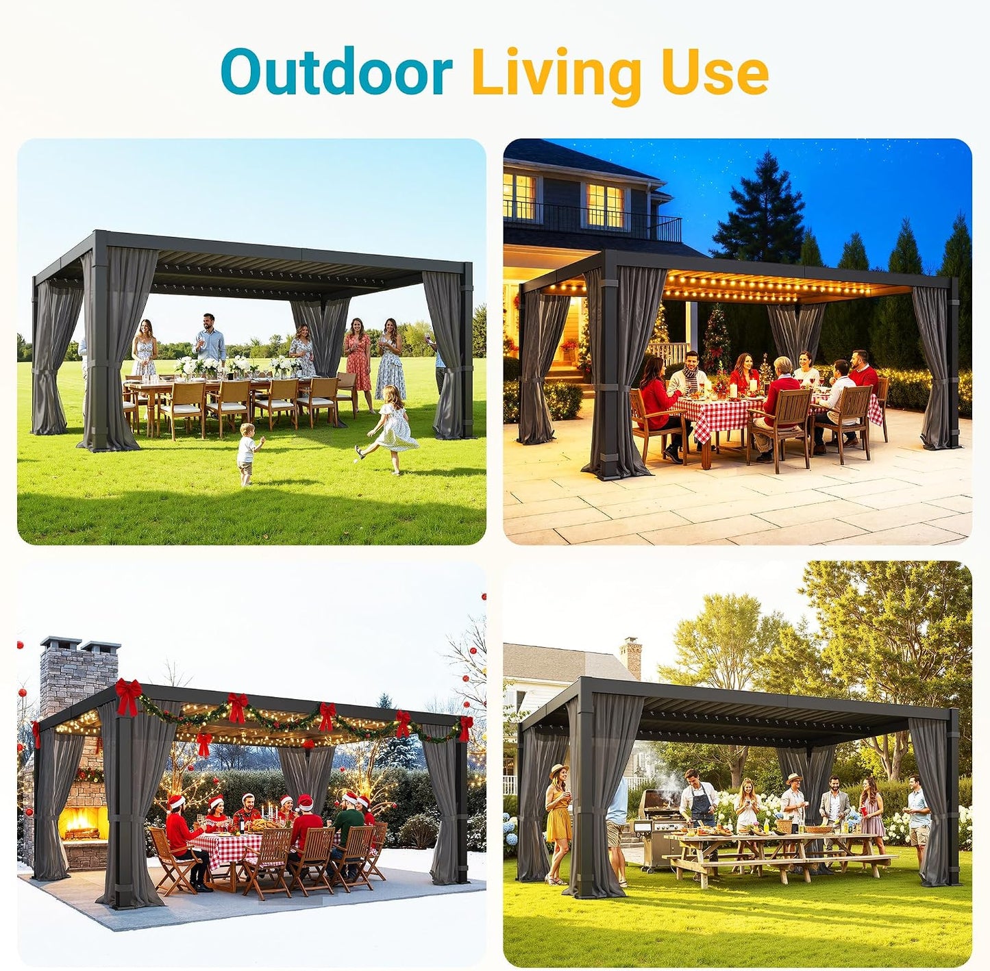 12' x 16' Pergola with Curtain & Adjustable Roof & Aluminum Frame for Patio | Louvered Pergola, Patio Pergola with Netting & Gutter System, Outdoor Pergola, Hardtop Gazebo for Deck, Yard, Dark Gray