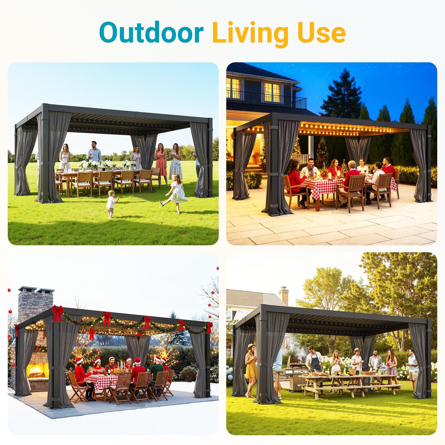 12' x 16' Pergola with Curtain & Adjustable Roof & Aluminum Frame for Patio | Louvered Pergola, Patio Pergola with Netting & Gutter System, Outdoor Pergola, Hardtop Gazebo for Deck, Yard, Dark Gray