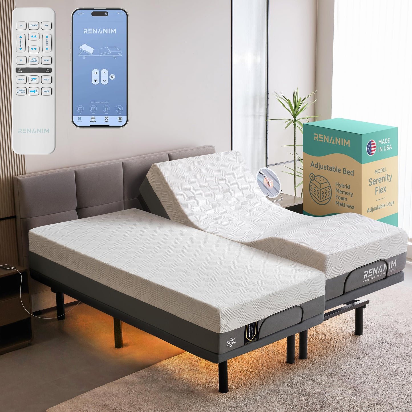 SF Full Size Adjustable Bed Frame with Mattress - 12" Hybrid Memory Foam - Electric Massage - Wireless Remote for Head & Foot Incline - Zero Gravity - Underbed Night Lights & 4 USB Ports