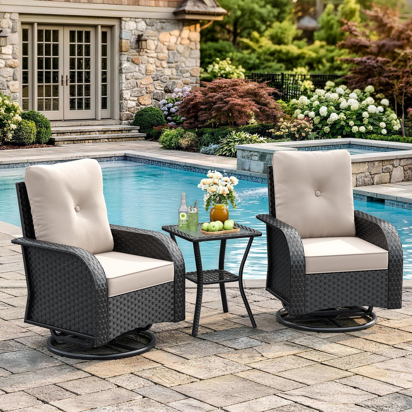 6 Pieces Outdoor Patio Furniture Set, Wicker Swivel Rocker Chairs Sets | Luxury Weather-Resistant High Back Outdoor Sectional Set for Large Deck Yard Poolside Brown Rattan Blue Cushions