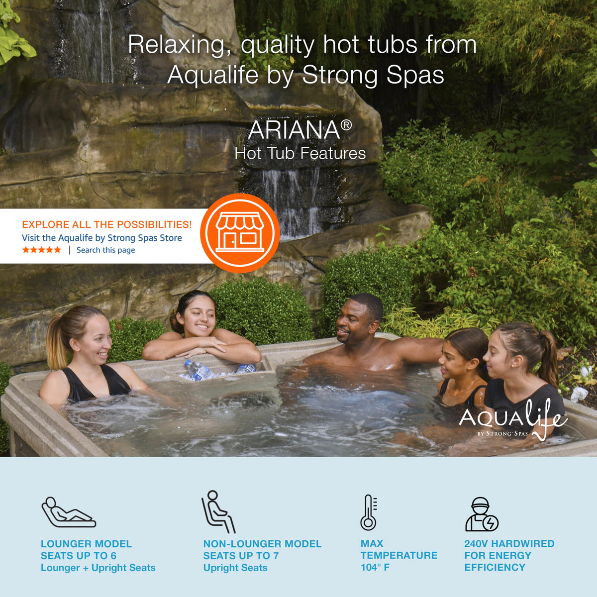 Ariana Outdoor Hot Tub, 6 Person Therapeutic Spa, 30 Jets, Underwater LED Lighting System, Insulated Spa Cover, Aqualife by Strong Spas