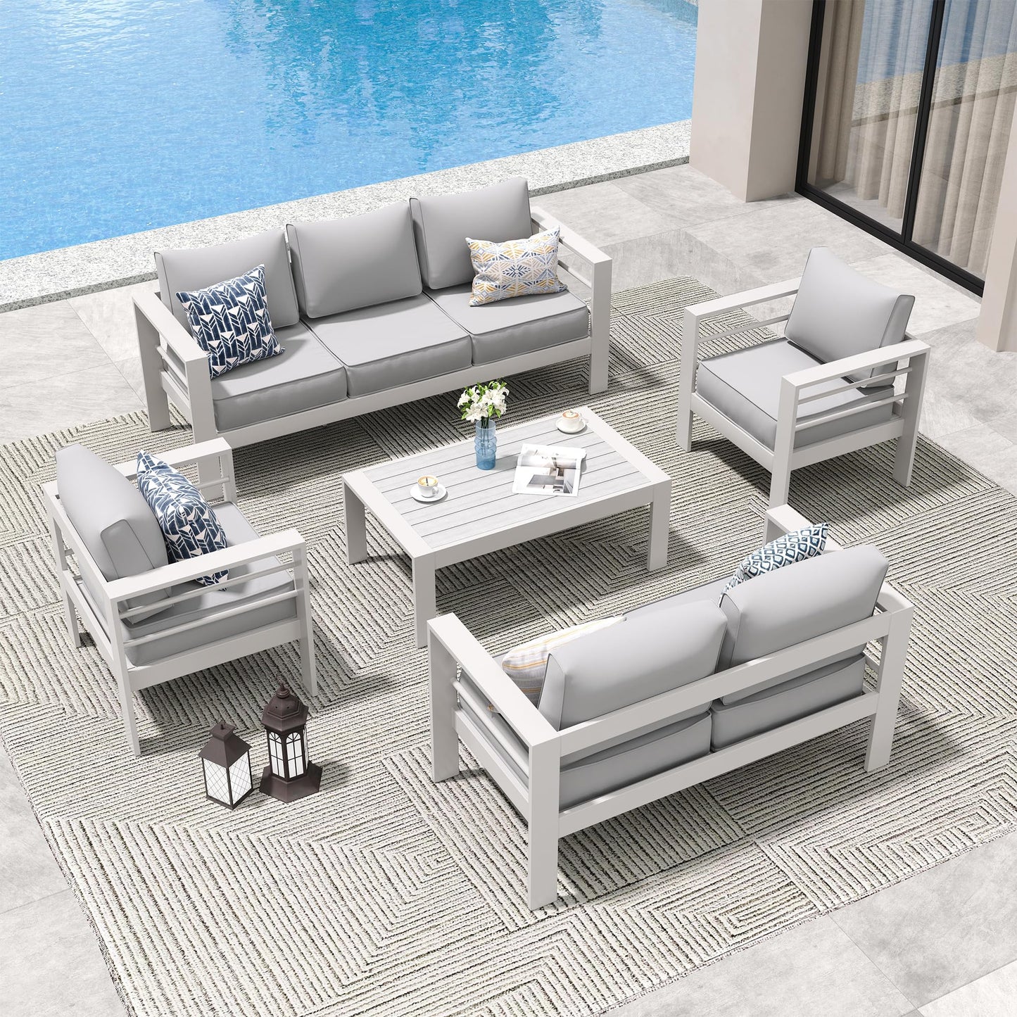 Amopatio Aluminum Patio Furniture Set, 6 Pieces Modern Outdoor Furniture | Outdoor Sectional with Coffee Table, Included Waterproof Covers, for Balcony, Garden, White&Blue