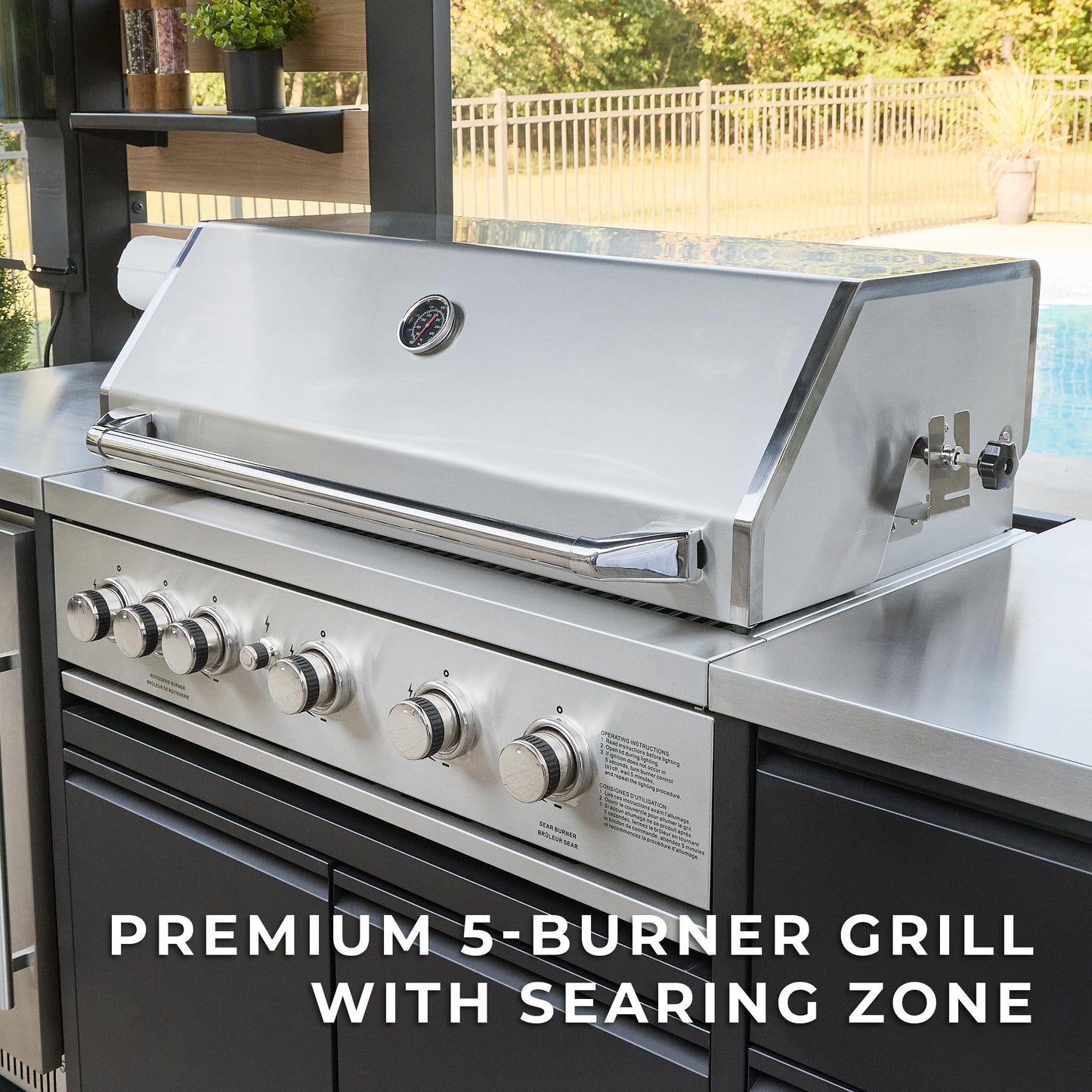 Backyard Discovery Fusion Flame Galvanized Steel Covered Outdoor Kitchen with 5-Burner Stainless, Grill, Refrigerator, Countertop, Storage, and, Roof for All-Season Outdoor Cooking, electric
