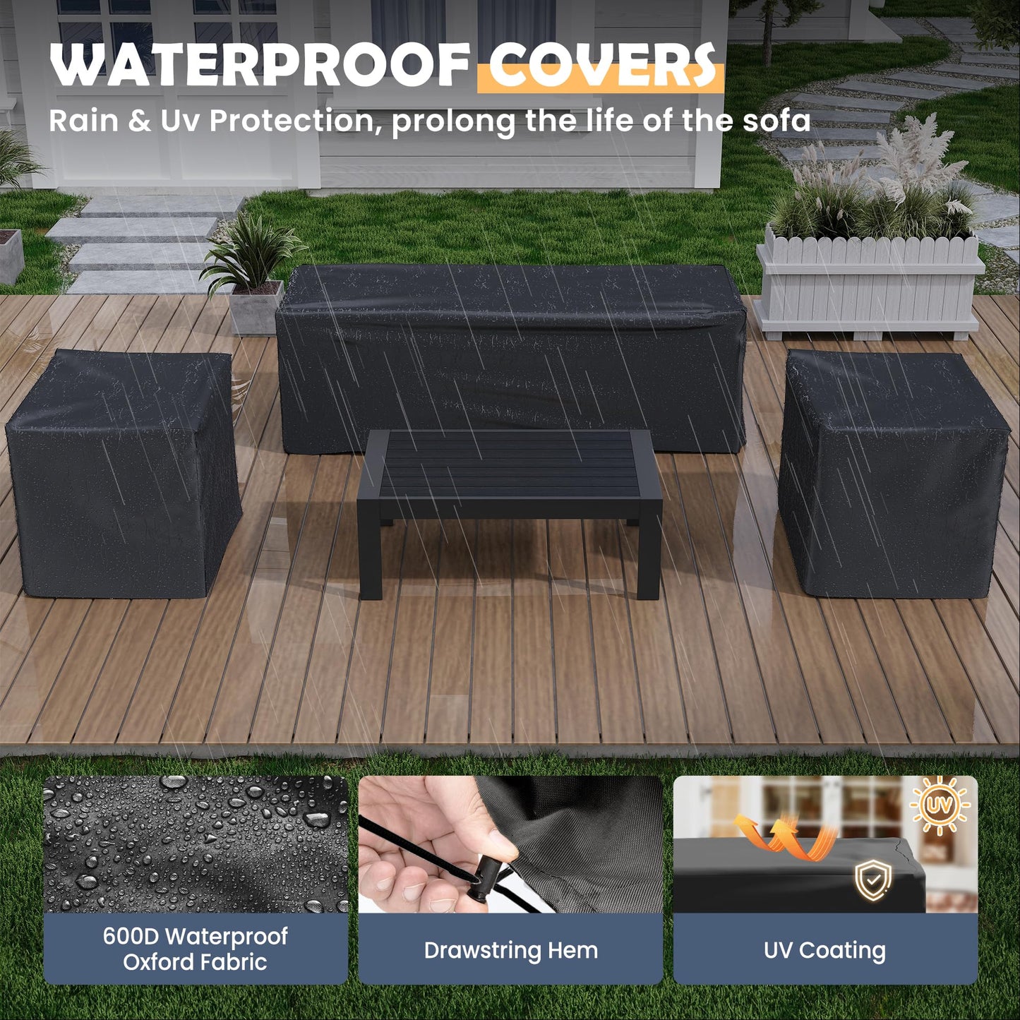 Amopatio Aluminum Patio Furniture Set, 6 Pieces Modern Outdoor Furniture | Outdoor Sectional with Coffee Table, Included Waterproof Covers, for Balcony, Garden, White&Blue