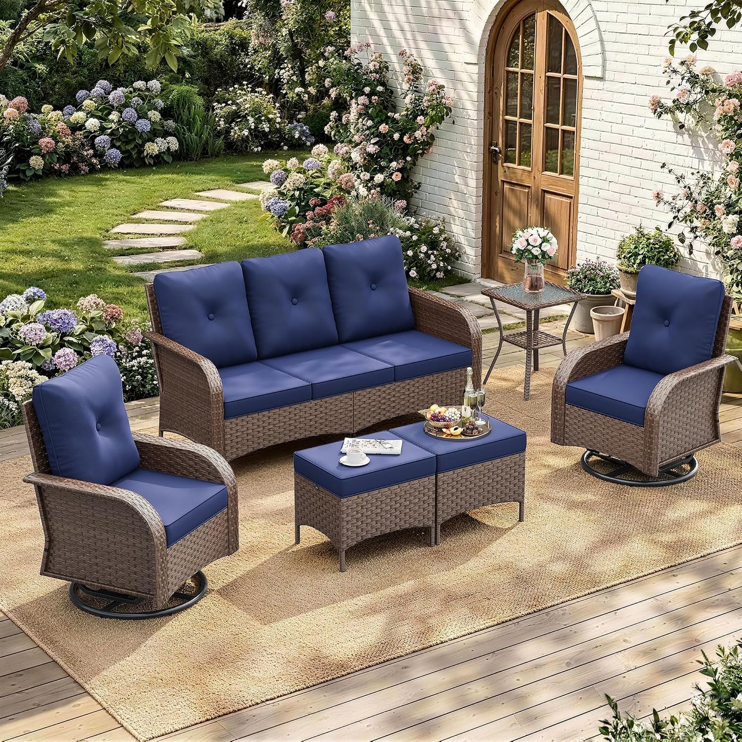 6 Pieces Outdoor Patio Furniture Set, Wicker Swivel Rocker Chairs Sets | Luxury Weather-Resistant High Back Outdoor Sectional Set for Large Deck Yard Poolside Brown Rattan Blue Cushions