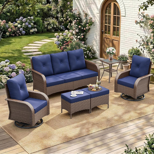 6 Pieces Outdoor Patio Furniture Set, Wicker Swivel Rocker Chairs Sets | Luxury Weather-Resistant High Back Outdoor Sectional Set for Large Deck Yard Poolside Brown Rattan Blue Cushions