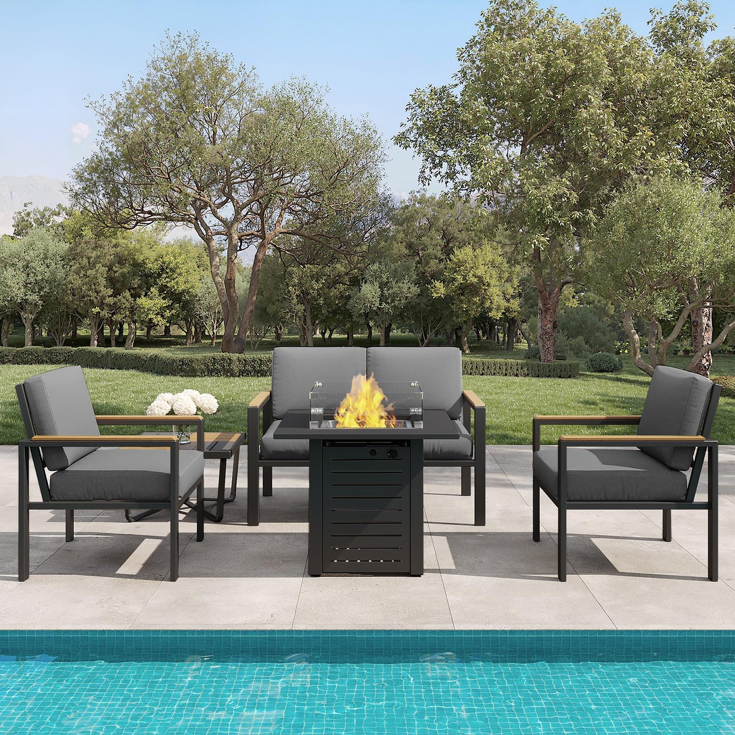 5-Piece Patio Furniture Set with 28” Propane Fire Pit Table, Heavy-Duty Metal Outdoor Conversation Set with Deep Cushions & Wood-Like Armrests for Patio, Porch, Backyard, Garden – Grey