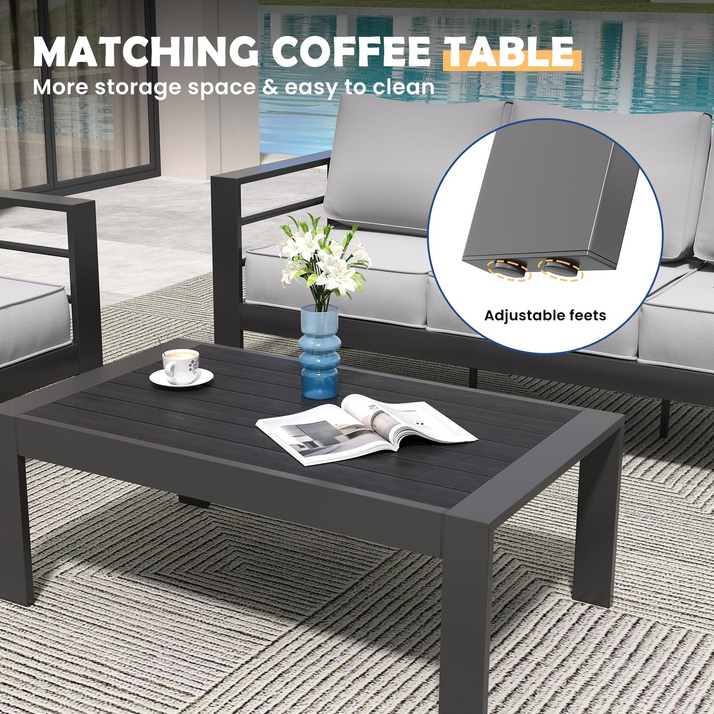 Amopatio Aluminum Patio Furniture Set, 6 Pieces Modern Outdoor Furniture | Outdoor Sectional with Coffee Table, Included Waterproof Covers, for Balcony, Garden, White&Blue