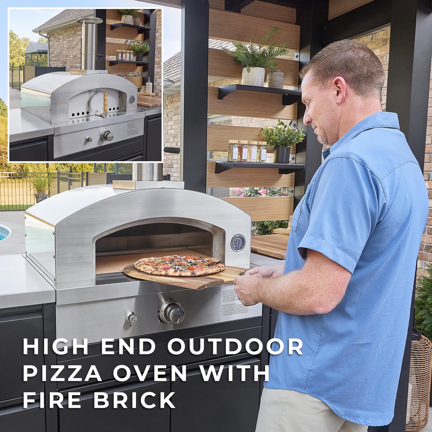 Backyard Discovery Fusion Flame Galvanized Steel Covered Outdoor Kitchen with 5-Burner Stainless, Grill, Refrigerator, Countertop, Storage, and, Roof for All-Season Outdoor Cooking, electric