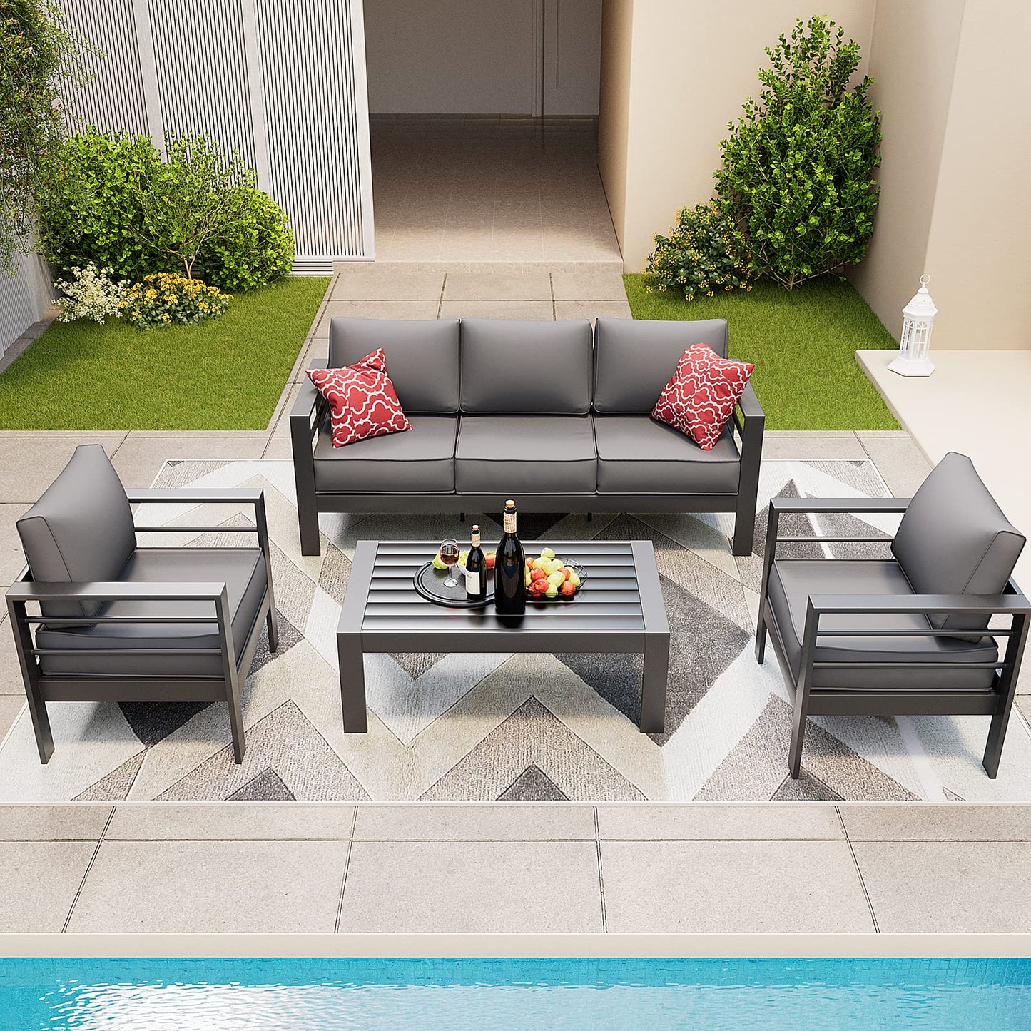 Amopatio Aluminum Patio Furniture Set, 6 Pieces Modern Outdoor Furniture | Outdoor Sectional with Coffee Table, Included Waterproof Covers, for Balcony, Garden, White&Blue