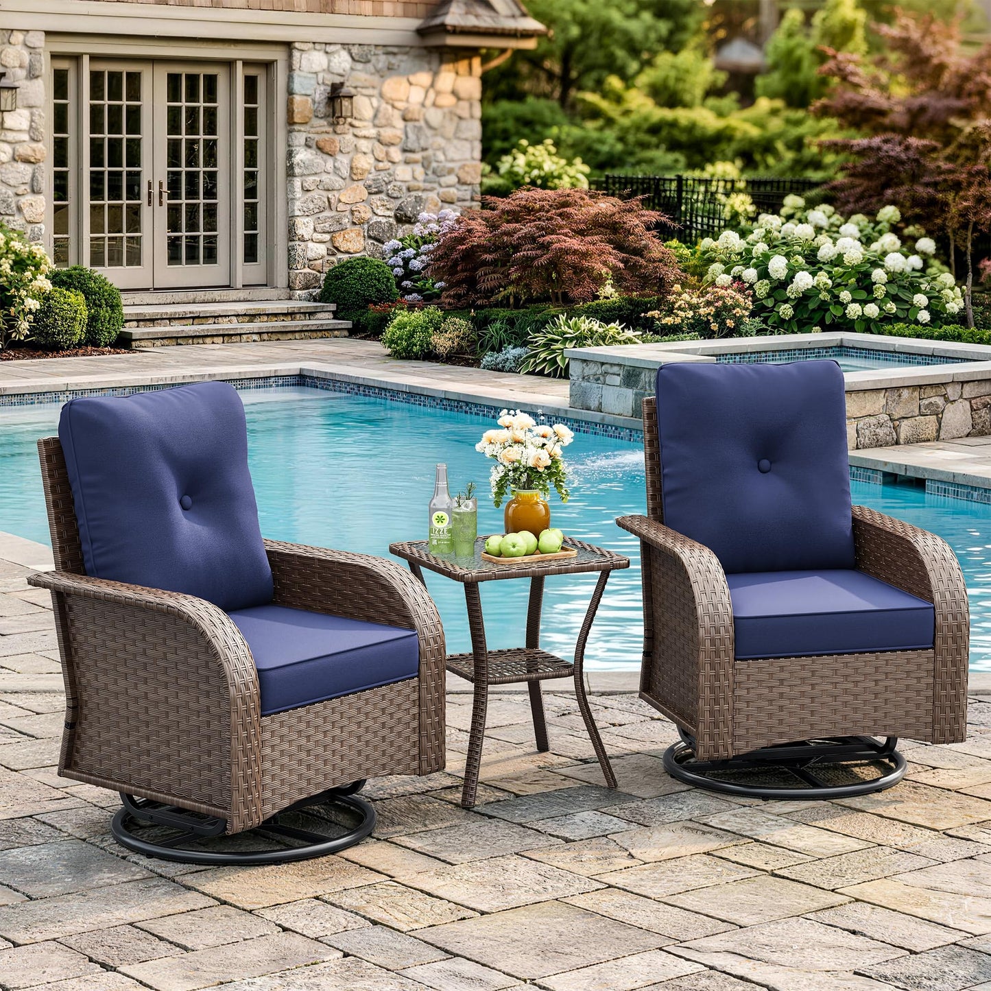 6 Pieces Outdoor Patio Furniture Set, Wicker Swivel Rocker Chairs Sets | Luxury Weather-Resistant High Back Outdoor Sectional Set for Large Deck Yard Poolside Brown Rattan Blue Cushions