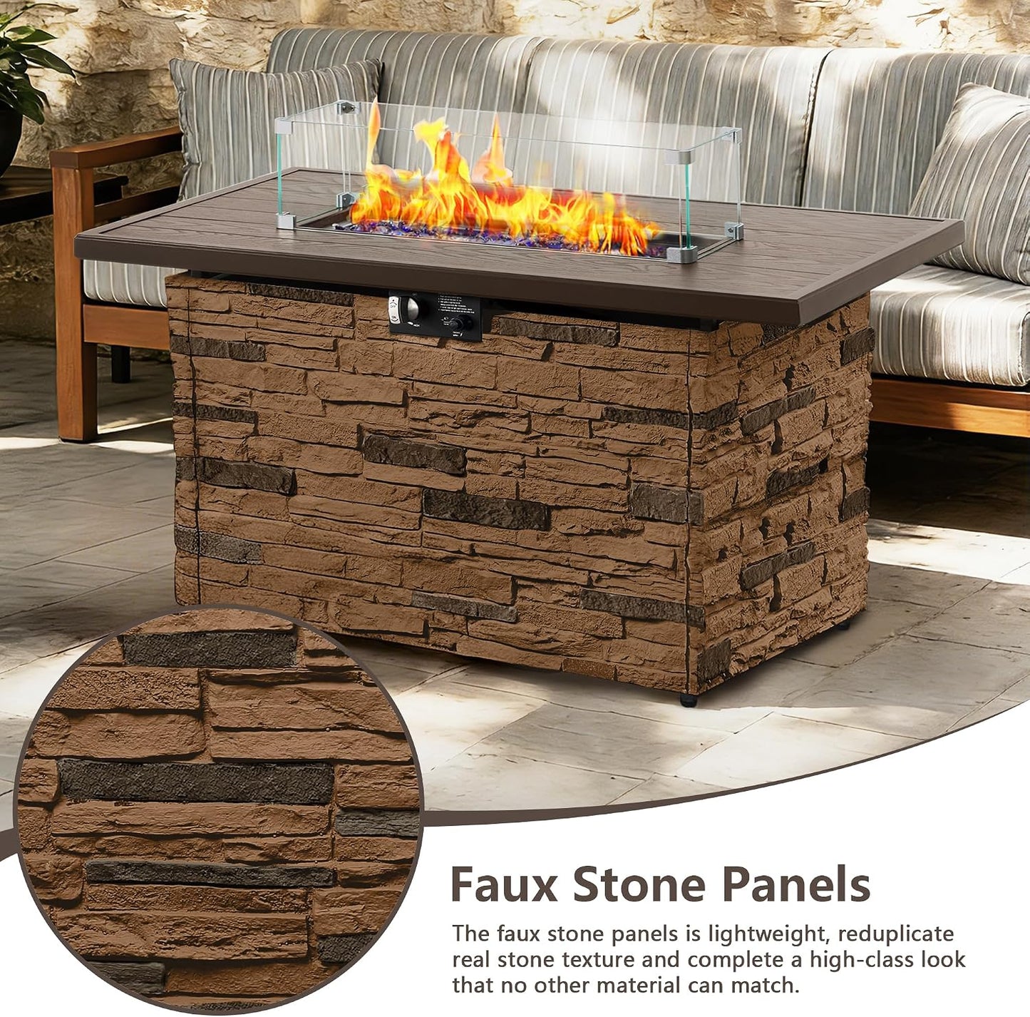 43 Inch Outdoor Firepit Table 50,000 BTU Propane Gas Fire Pit | Rectangle Stone Fire Table with Glass Wind Guard, Rain Cover, Fire Stones and Removable Lid, CSA Certified (Brown)