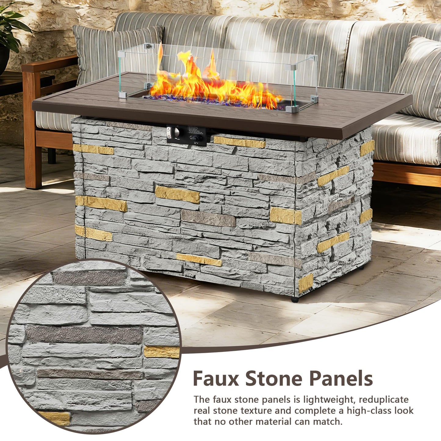 43 Inch Outdoor Firepit Table 50,000 BTU Propane Gas Fire Pit | Rectangle Stone Fire Table with Glass Wind Guard, Rain Cover, Fire Stones and Removable Lid, CSA Certified (Brown)