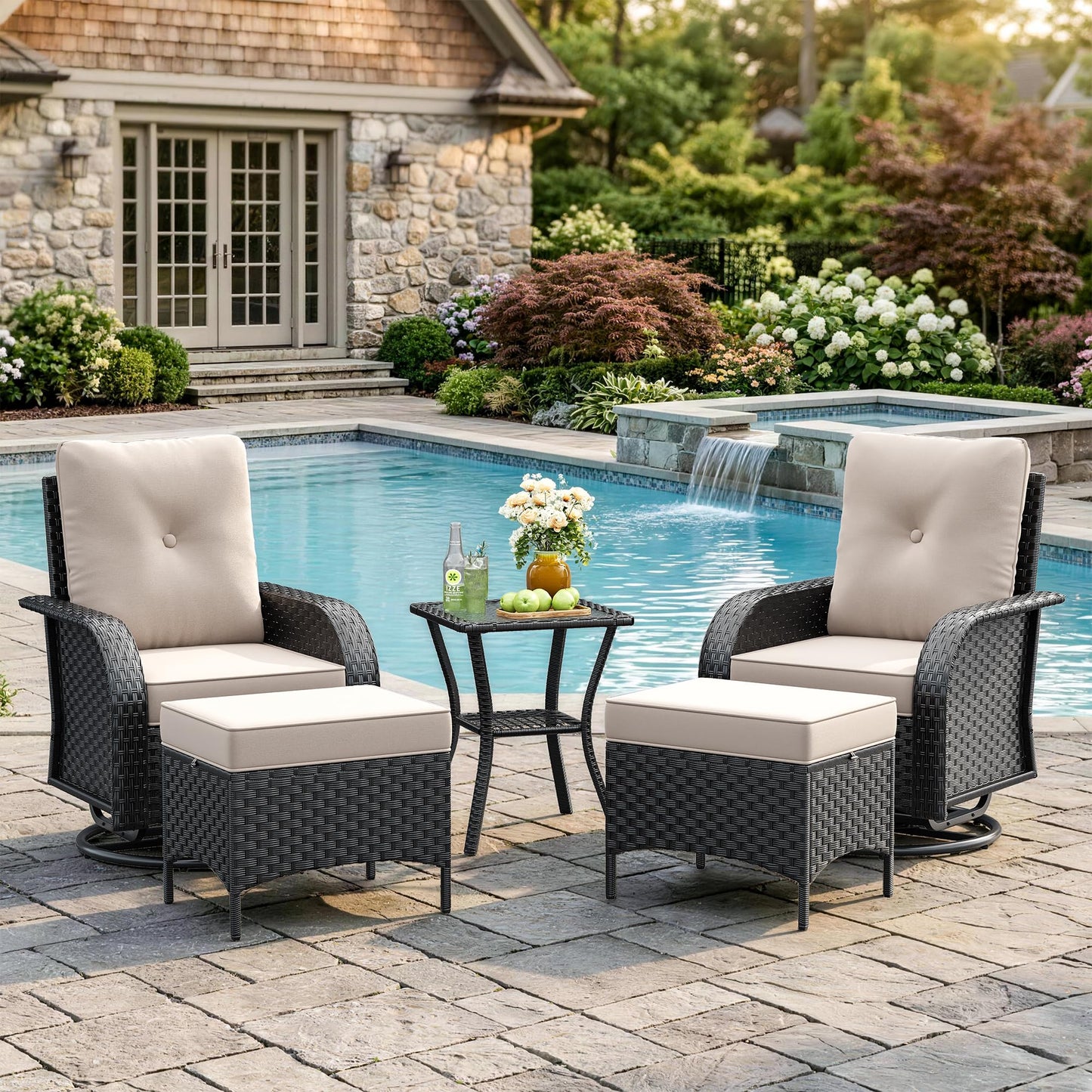 6 Pieces Outdoor Patio Furniture Set, Wicker Swivel Rocker Chairs Sets | Luxury Weather-Resistant High Back Outdoor Sectional Set for Large Deck Yard Poolside Brown Rattan Blue Cushions
