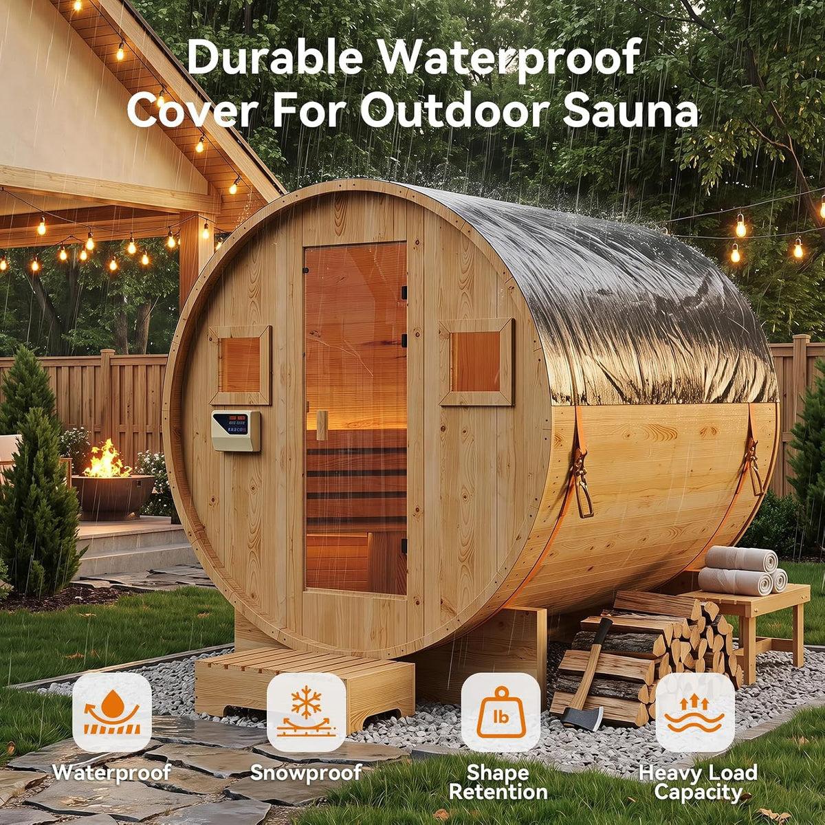 Outdoor Barrel Sauna, 4-6 Person Tradition Wood Dry＆Steam Sauna with Sauna Stone, 220V/6KW Electric Heater with Sauna Stone, Sauna Accessories, Waterproof Tarpaulin