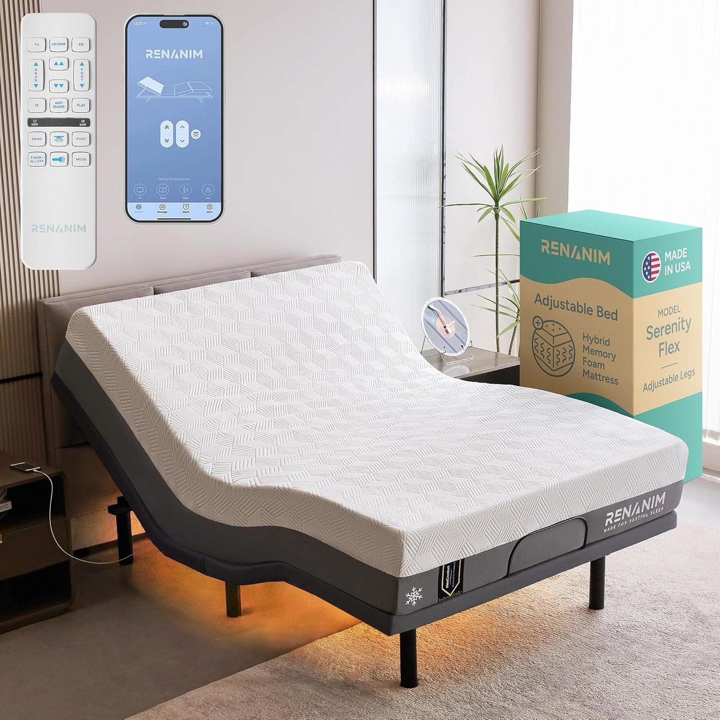 SF Full Size Adjustable Bed Frame with Mattress - 12" Hybrid Memory Foam - Electric Massage - Wireless Remote for Head & Foot Incline - Zero Gravity - Underbed Night Lights & 4 USB Ports